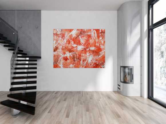 Abstraktes Acrylbild sehr modern mediterrane Farben in orange weiß Action Painting mordern Art