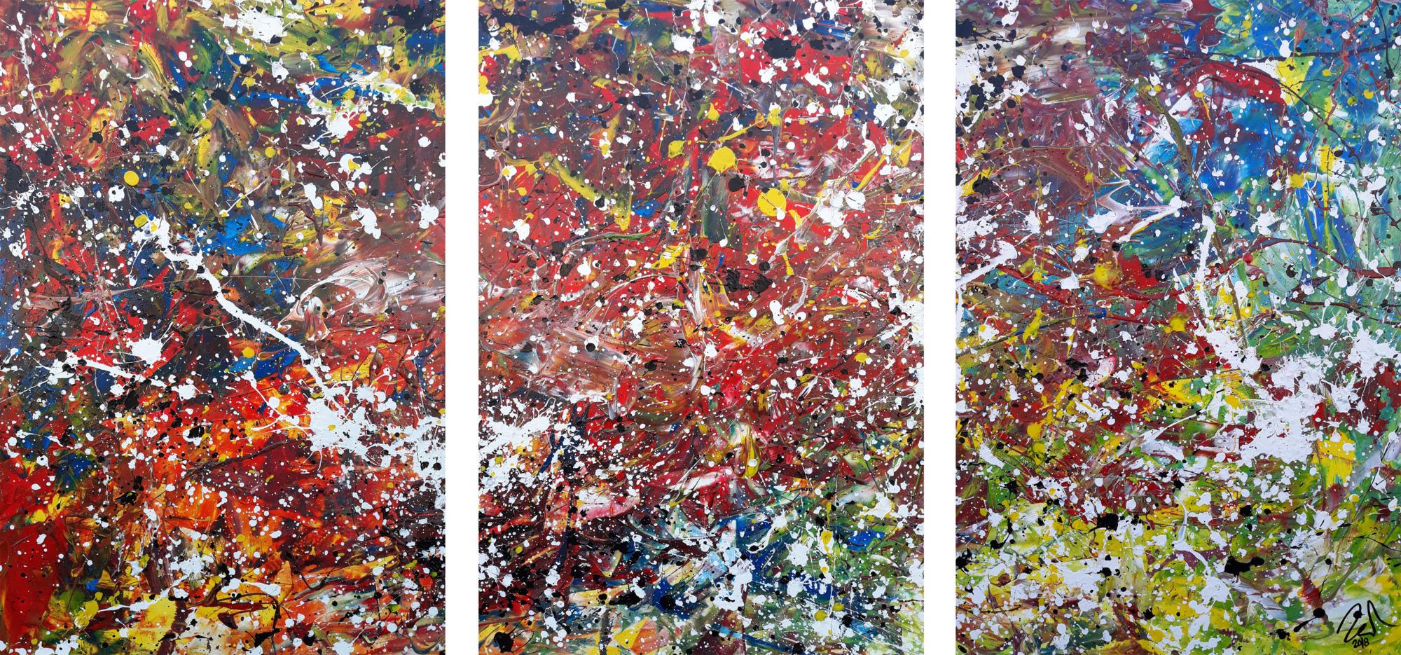 Abstraktes Acrylbild sehr bunt modern Triptychon drei Teile Action Paiting