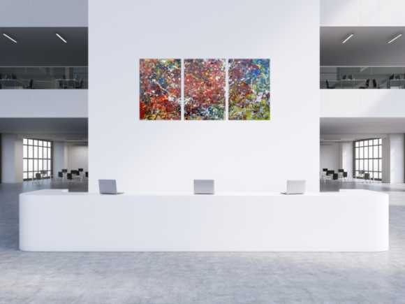 Abstraktes Acrylbild sehr bunt modern Triptychon drei Teile Action Paiting
