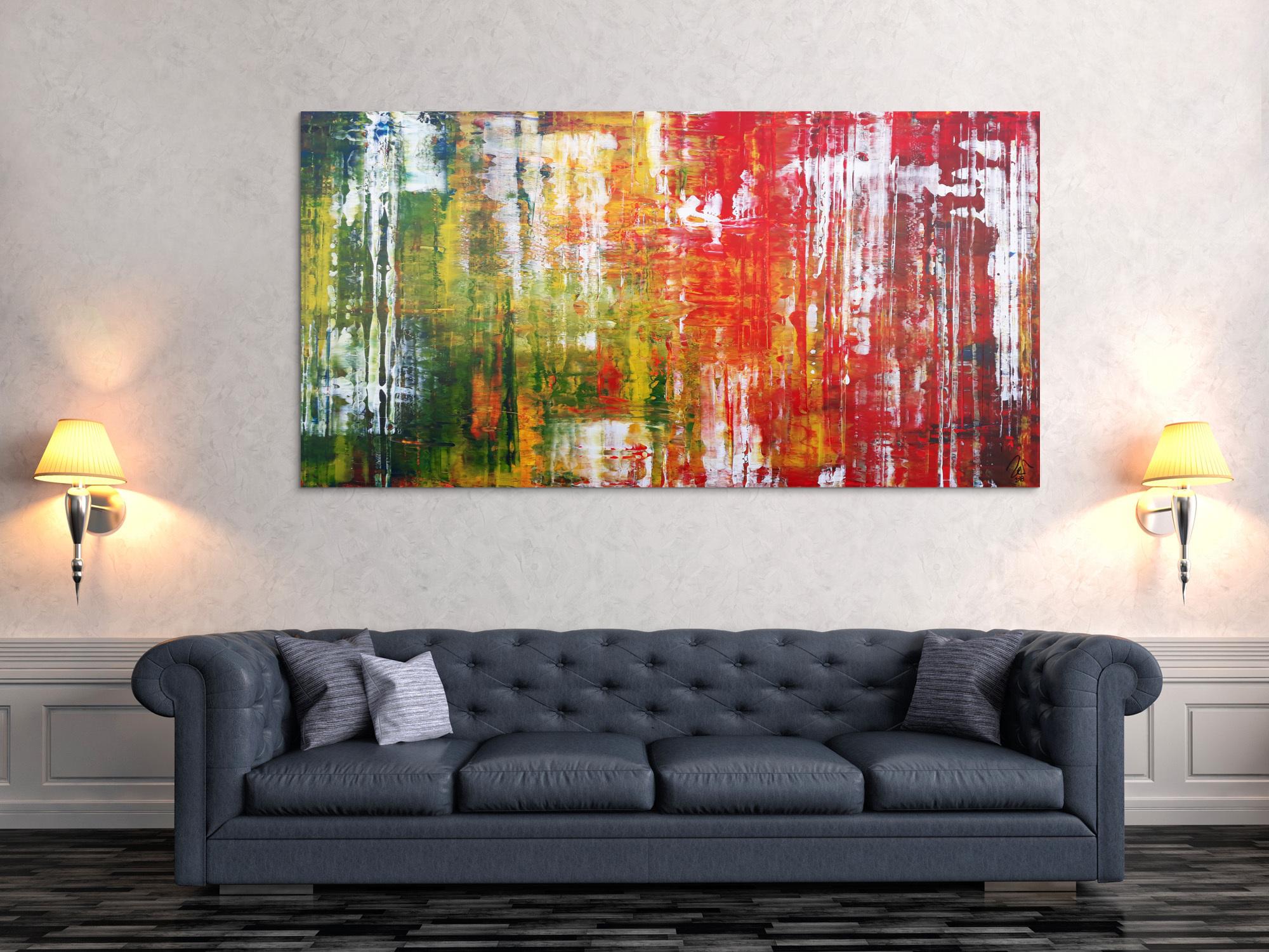 Abstraktes Acrylbild in Spachteltechnik sehr modern und bunt viele Farben rot gelb grün blau weiß