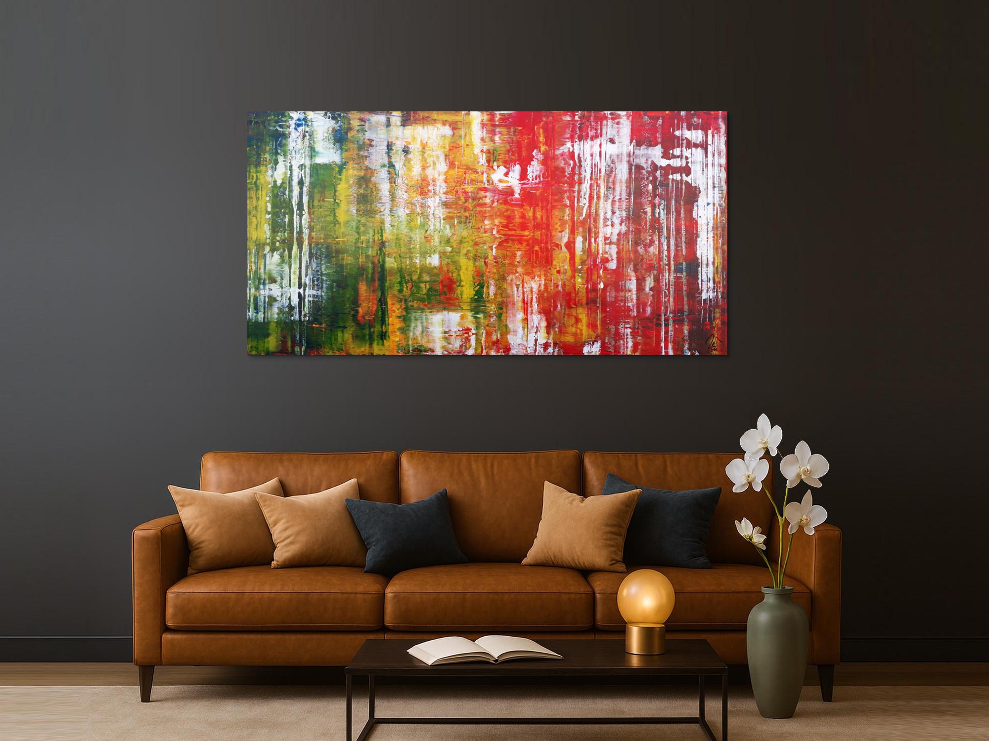 Abstraktes Acrylbild in Spachteltechnik sehr modern und bunt viele Farben rot gelb grün blau weiß