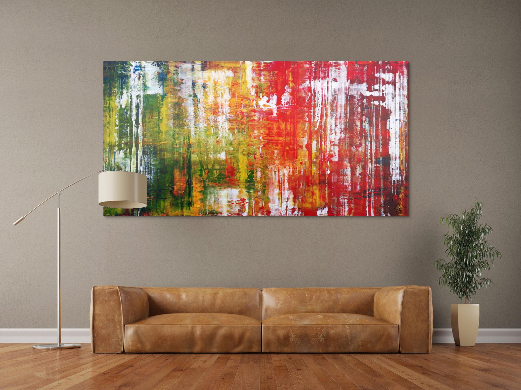 Abstraktes Acrylbild in Spachteltechnik sehr modern und bunt viele Farben rot gelb grün blau weiß