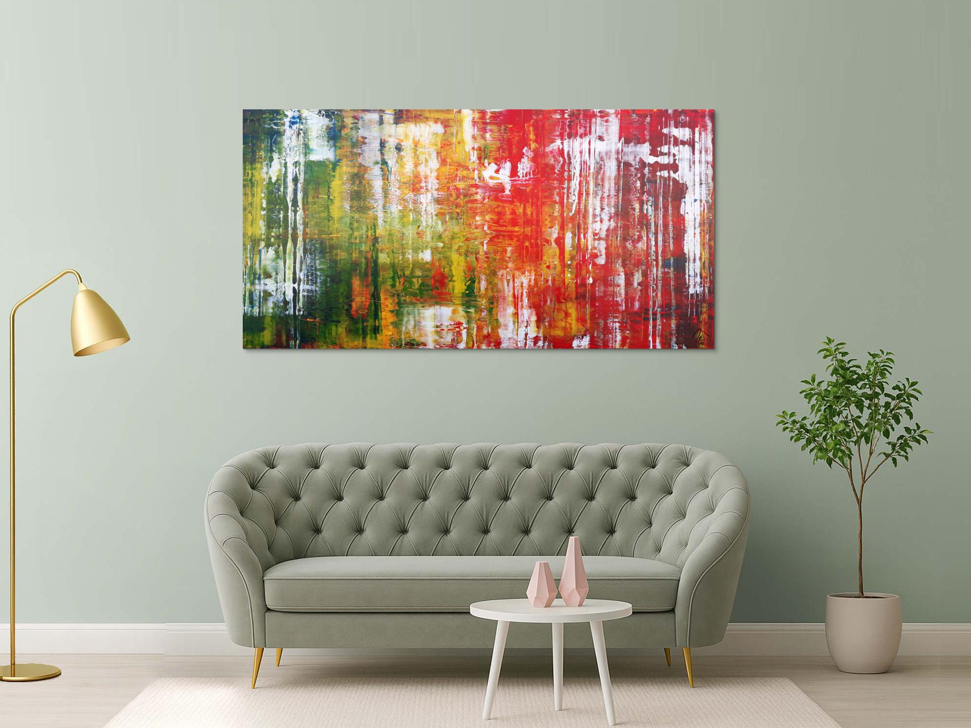 Abstraktes Acrylbild in Spachteltechnik sehr modern und bunt viele Farben rot gelb grün blau weiß