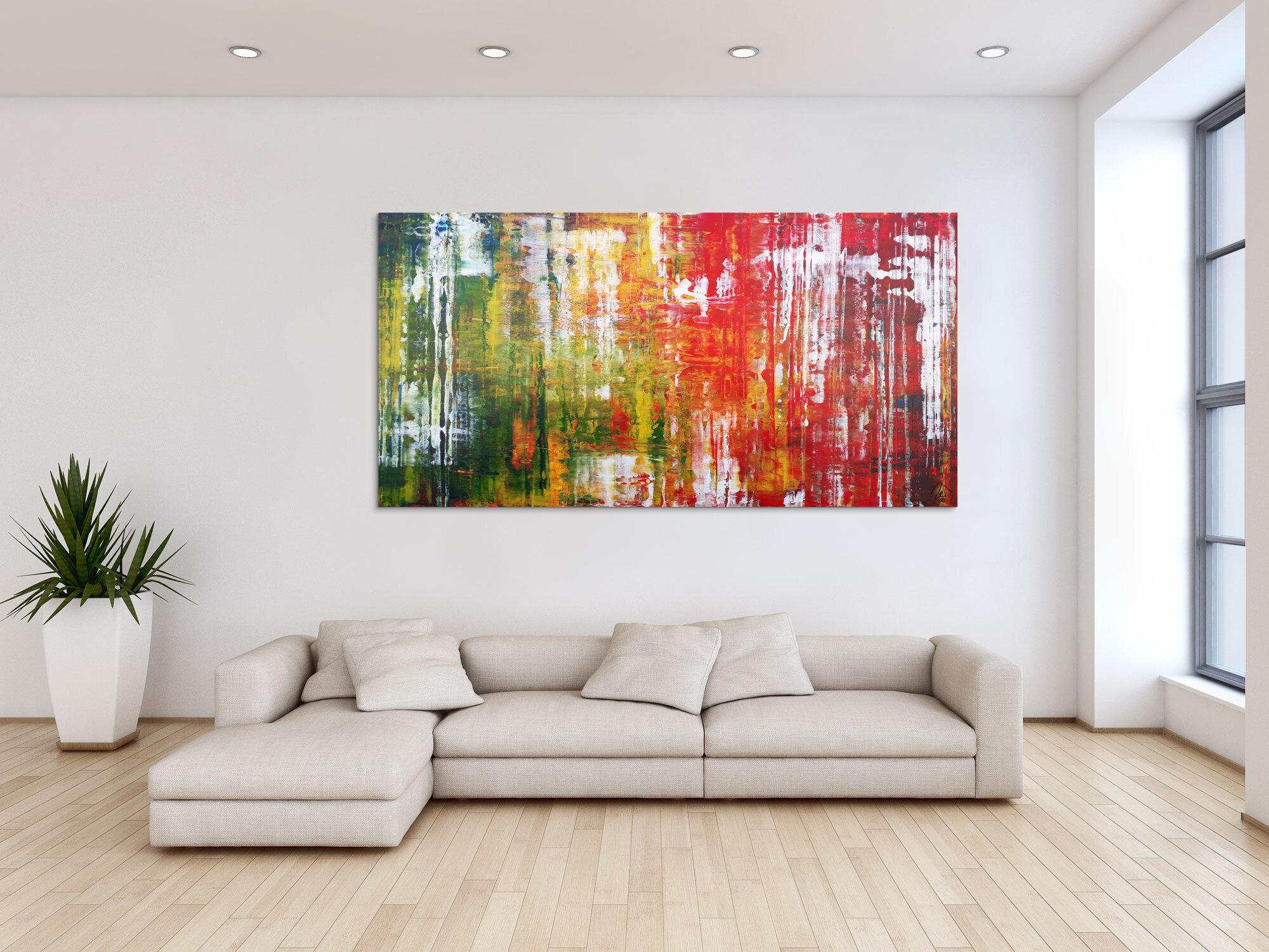 Abstraktes Acrylbild in Spachteltechnik sehr modern und bunt viele Farben rot gelb grün blau weiß