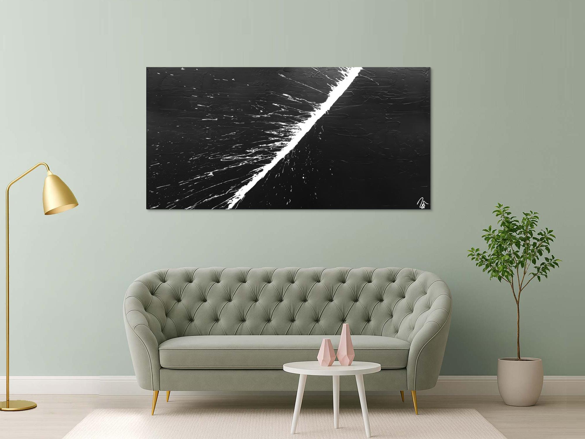 Abstraktes Acrylbild minimalistisch schwarz weiß Action Painting Splash Art schlicht zeitgenössisch