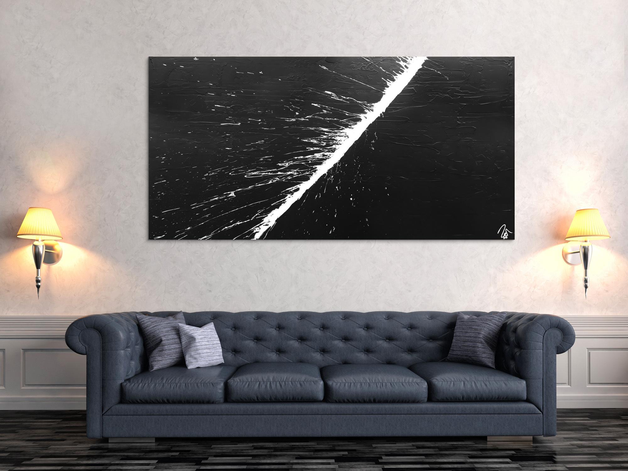 Abstraktes Acrylbild minimalistisch schwarz weiß Action Painting Splash Art schlicht zeitgenössisch