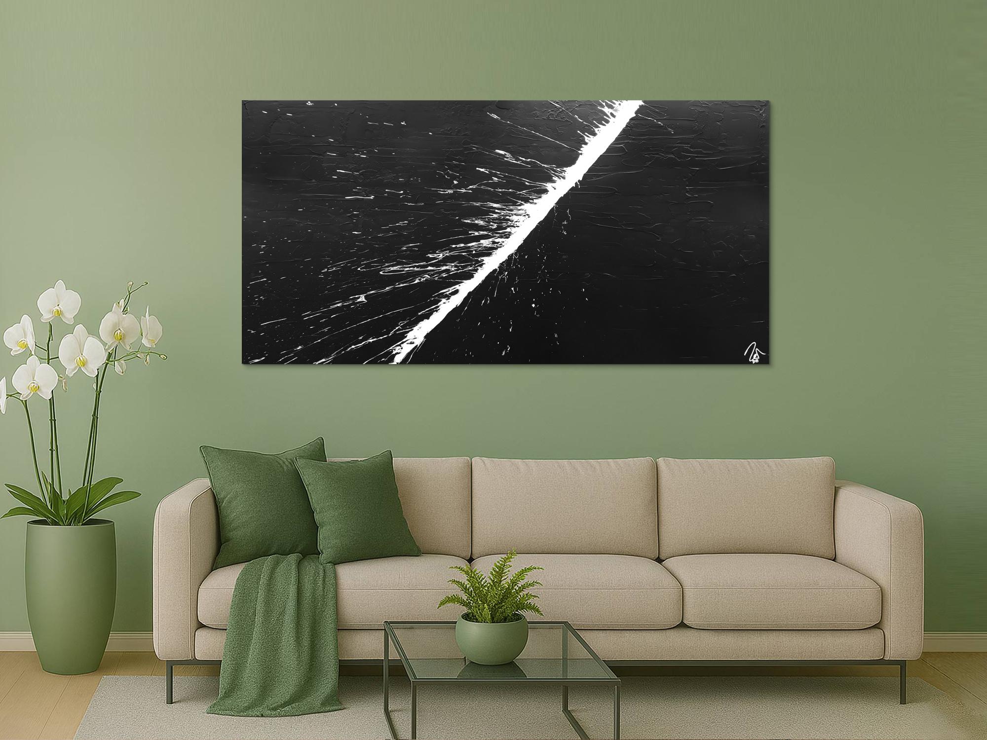 Abstraktes Acrylbild minimalistisch schwarz weiß Action Painting Splash Art schlicht zeitgenössisch