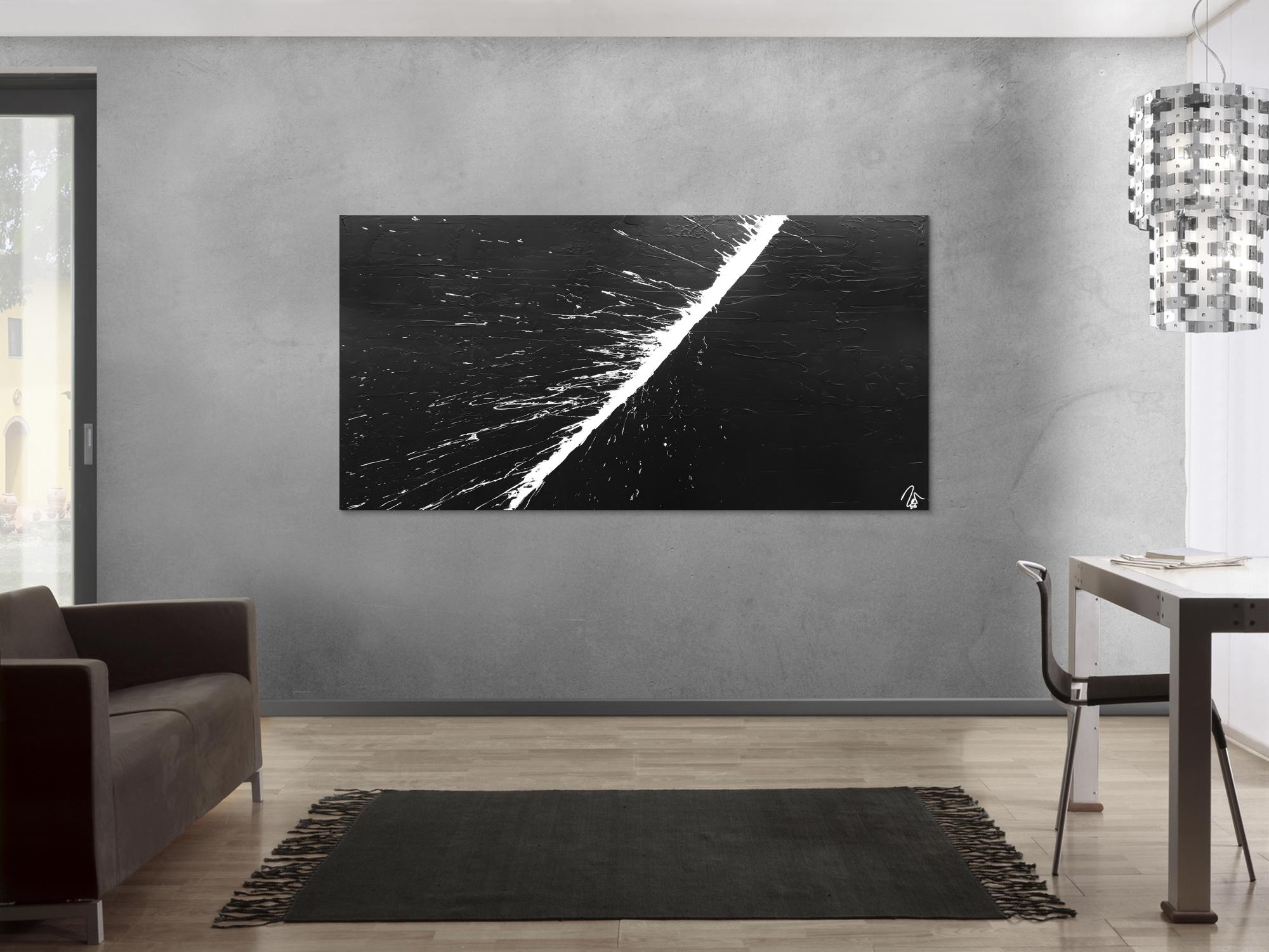 Abstraktes Acrylbild minimalistisch schwarz weiß Action Painting Splash Art schlicht zeitgenössisch