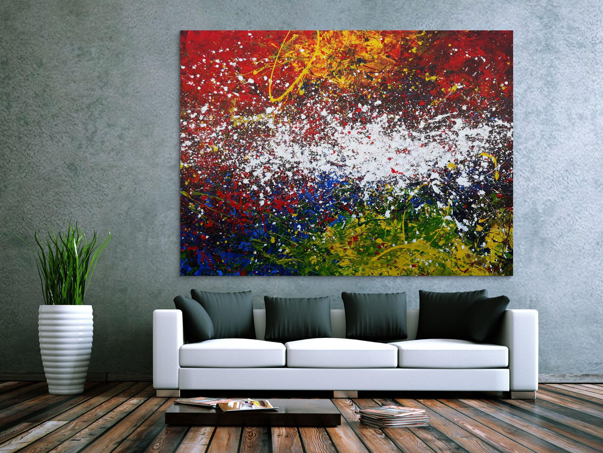 Abstraktes Acrylbild Action Painting sehr modern viele Farben sehr bunt Modern Art