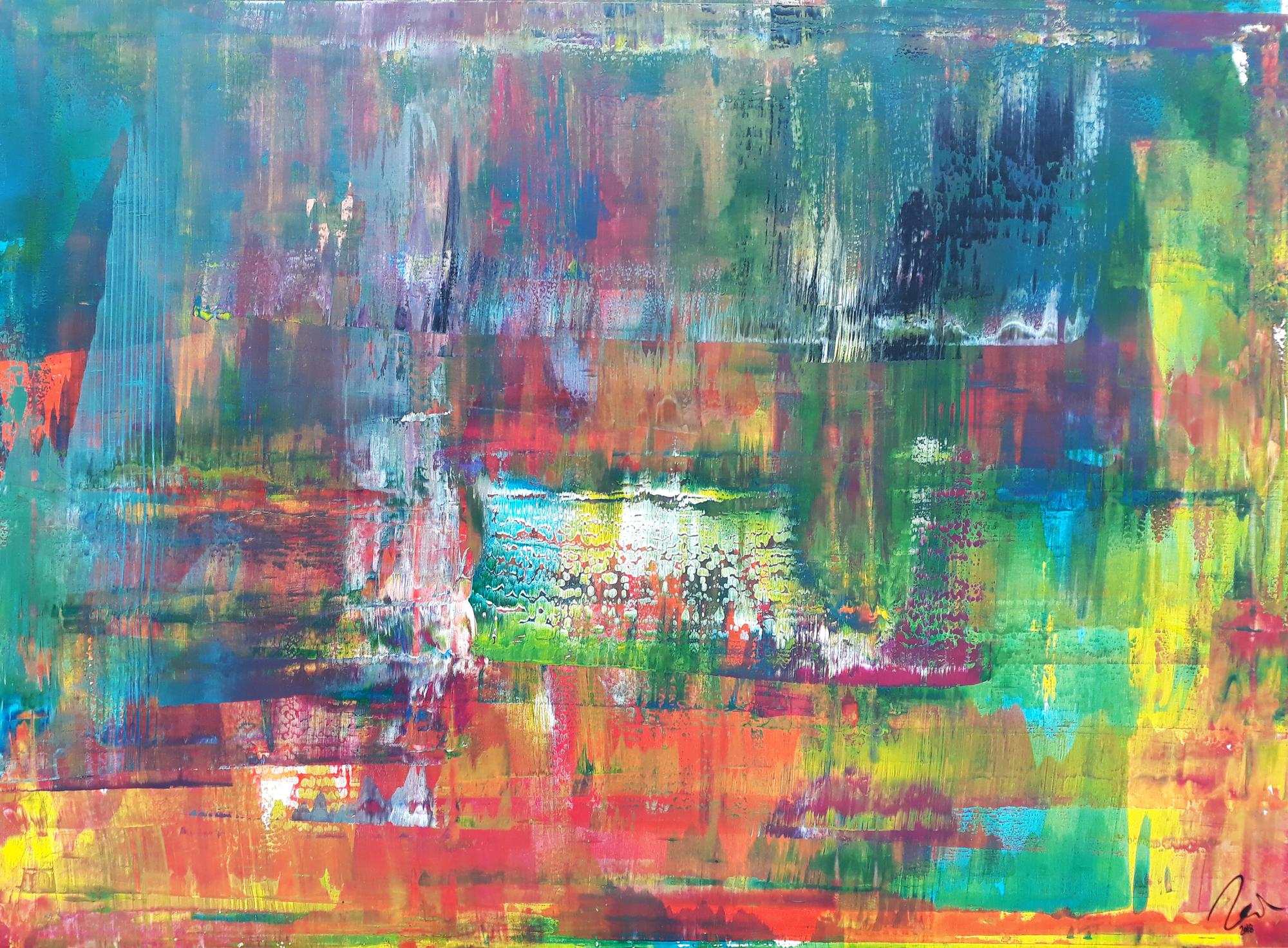 Abstraktes Acrylbild in Spachteltechnik sehr modern bunt viele Farben zeitgenössisch handgemalt