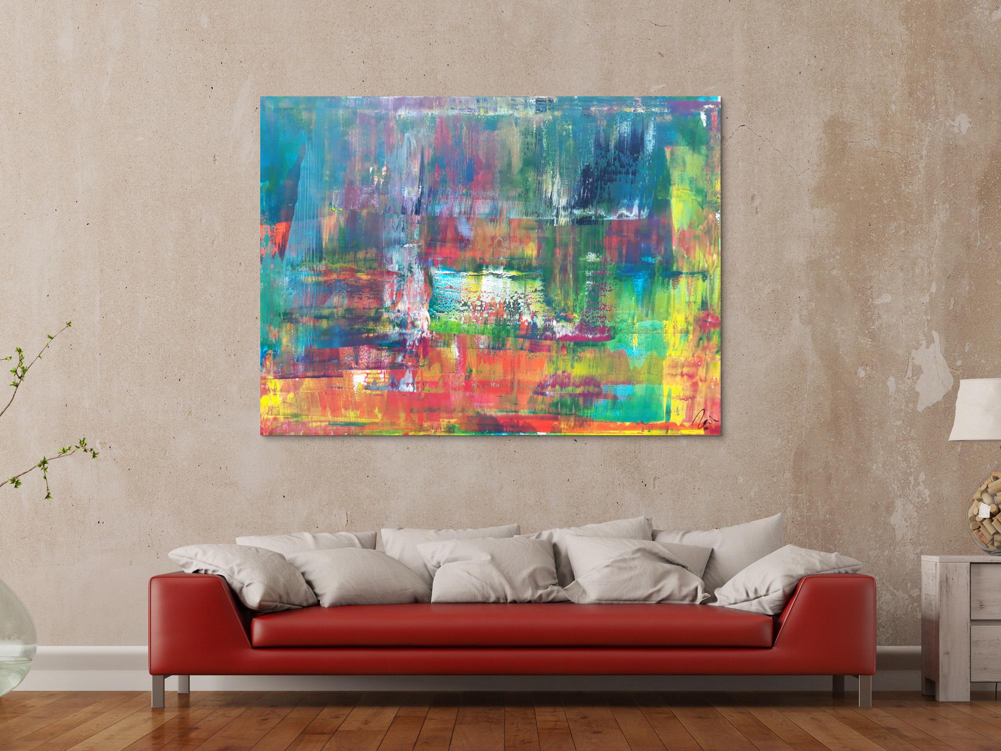 Abstraktes Acrylbild in Spachteltechnik sehr modern bunt viele Farben zeitgenössisch handgemalt