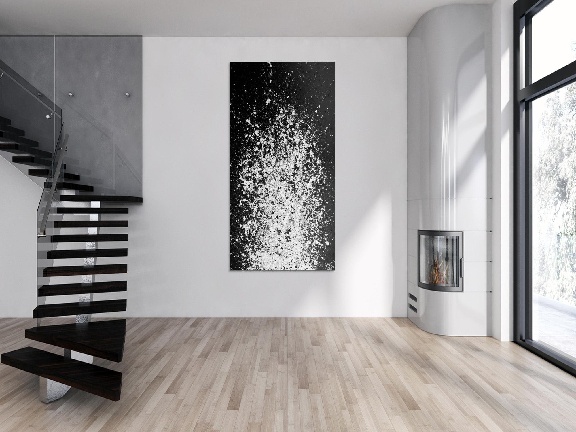 Abstraktes Acrylbild schwarz weiß Action Painting schlicht modern