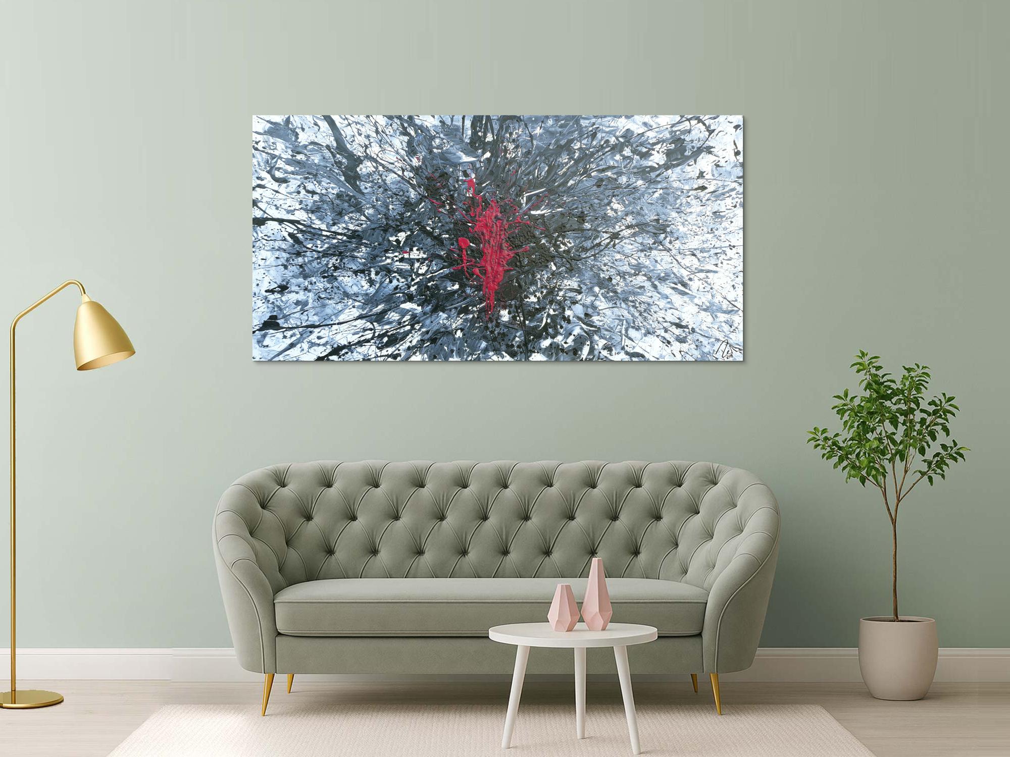 Abstraktes Acrylbild Action Painting Slpash Art Modern Art glau weiß schwarz pink