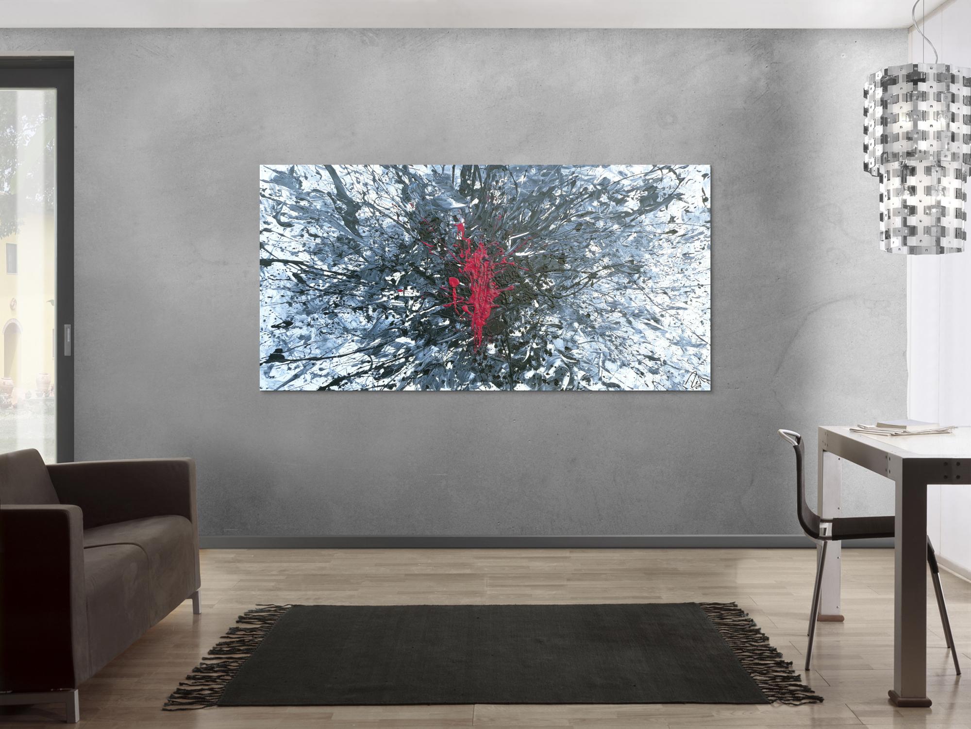 Abstraktes Acrylbild Action Painting Slpash Art Modern Art glau weiß schwarz pink