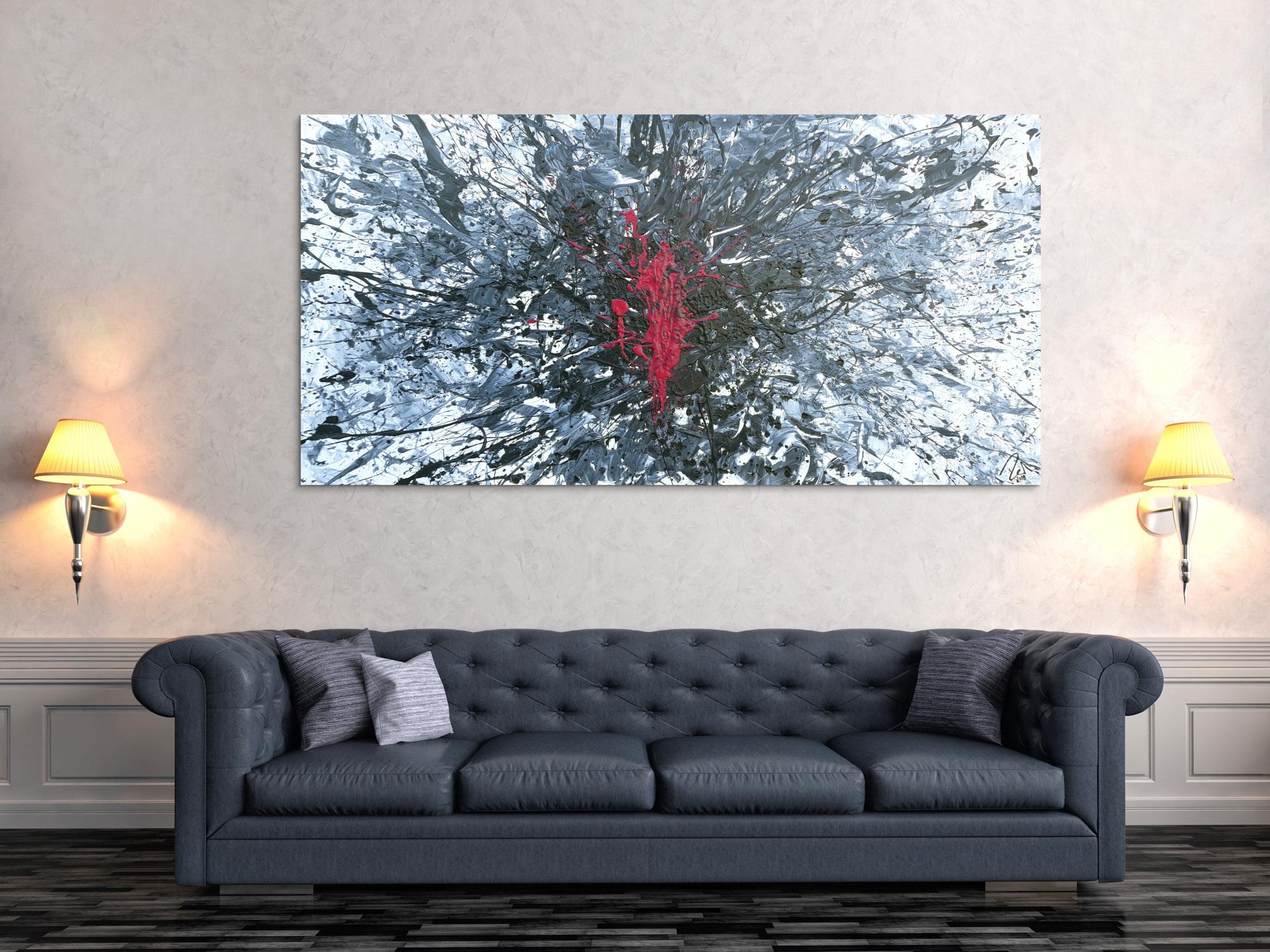 Abstraktes Acrylbild Action Painting Slpash Art Modern Art glau weiß schwarz pink