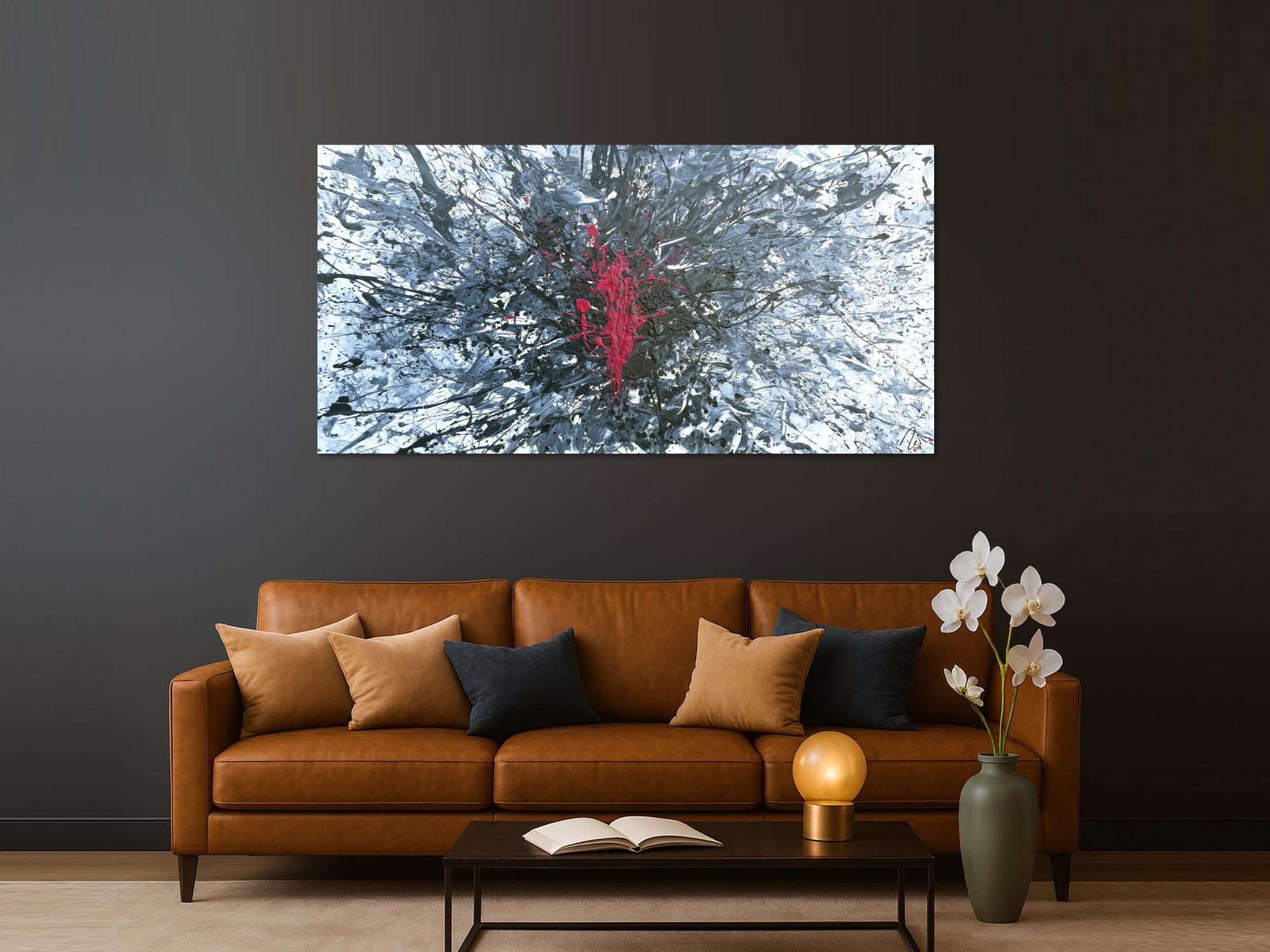 Abstraktes Acrylbild Action Painting Slpash Art Modern Art glau weiß schwarz pink