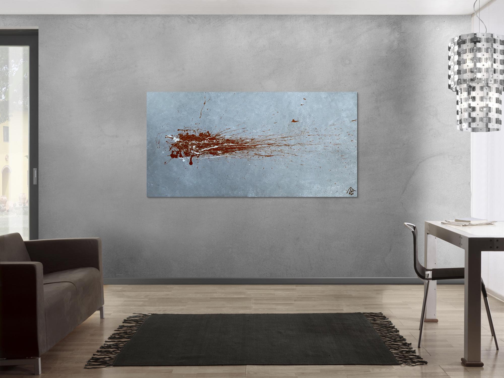 Abstraktes Acrylbild Action Painting sehr modern in grau bordeaux rot Slpash Art