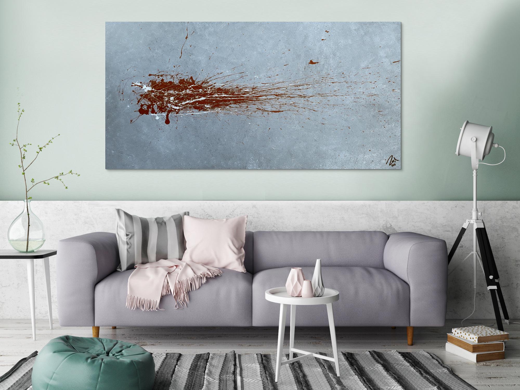 Abstraktes Acrylbild Action Painting sehr modern in grau bordeaux rot Slpash Art