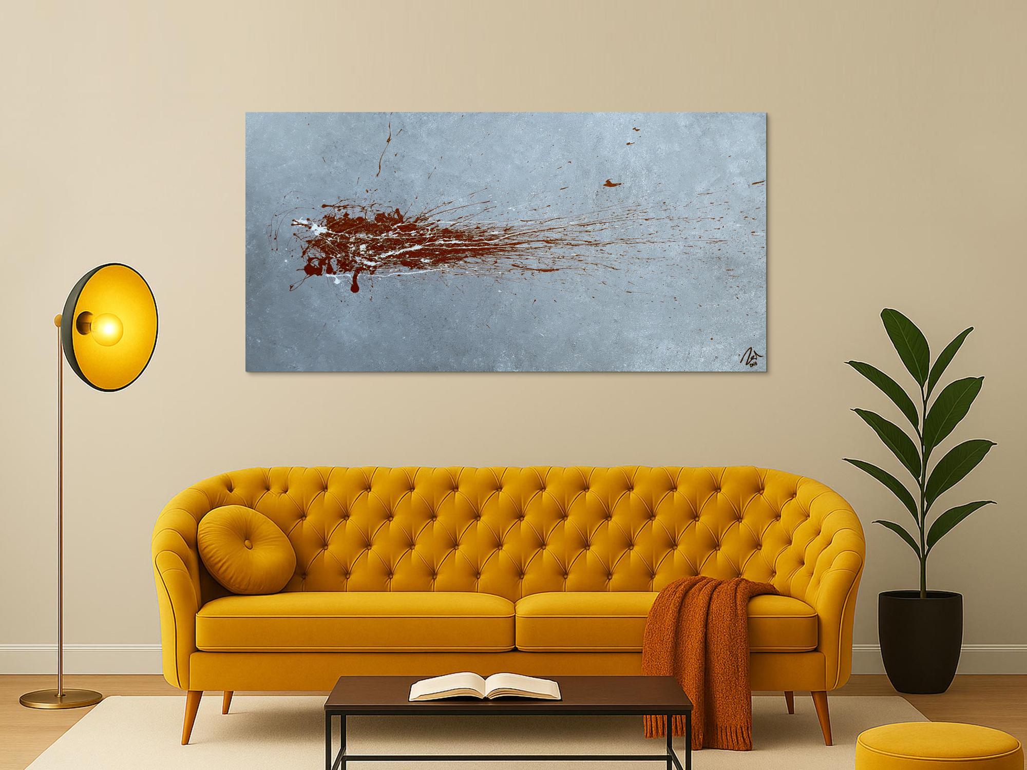 Abstraktes Acrylbild Action Painting sehr modern in grau bordeaux rot Slpash Art