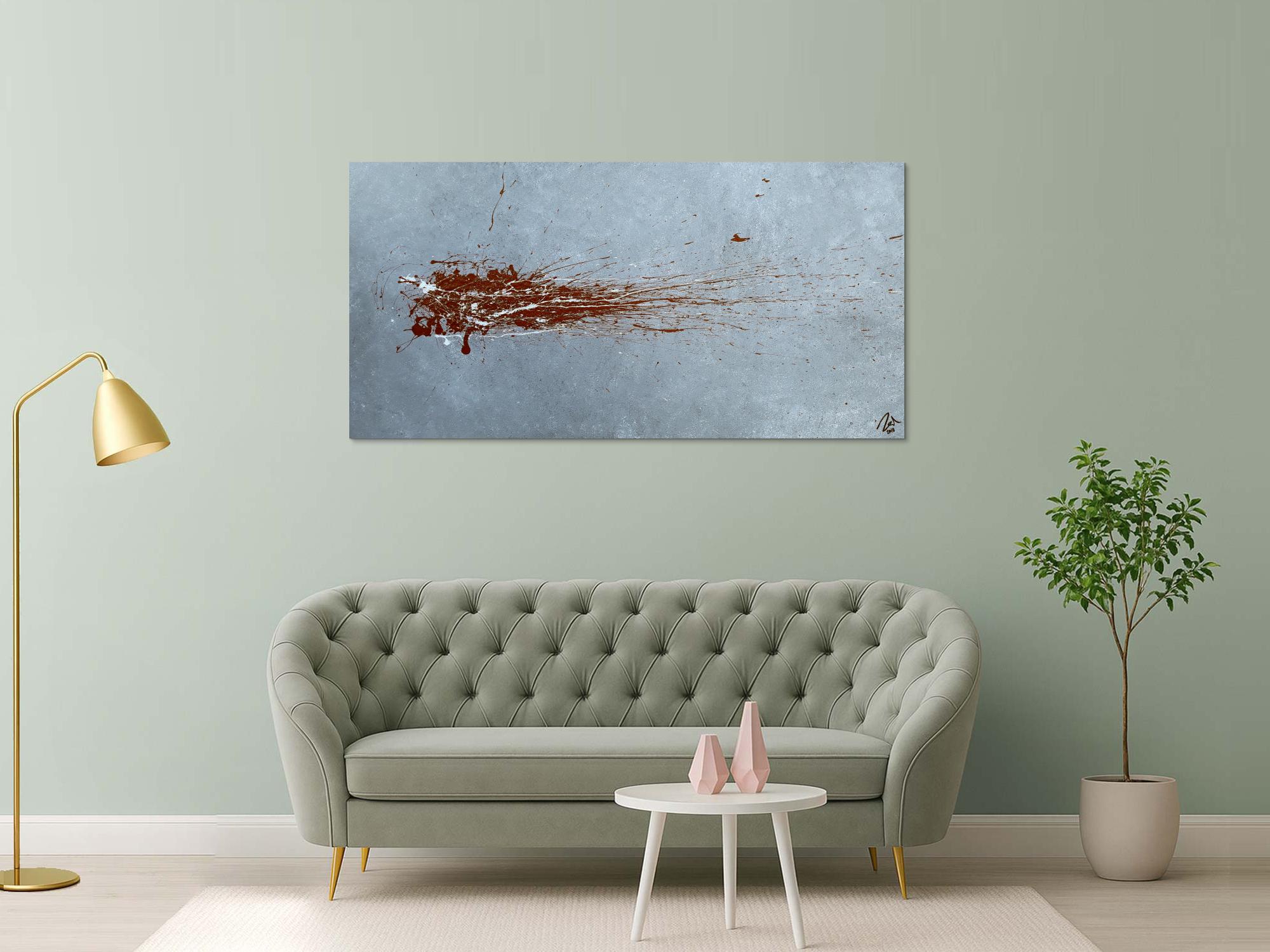 Abstraktes Acrylbild Action Painting sehr modern in grau bordeaux rot Slpash Art