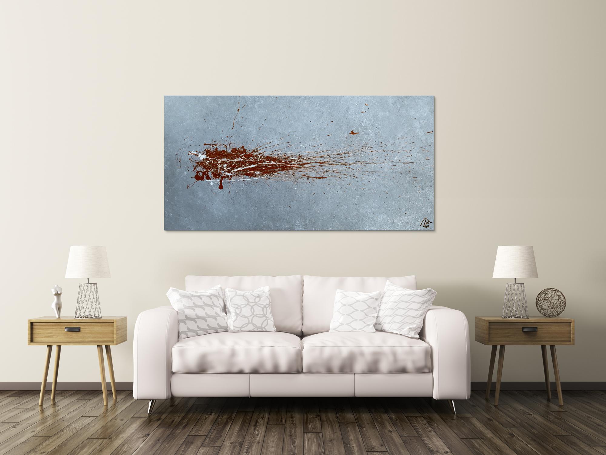 Abstraktes Acrylbild Action Painting sehr modern in grau bordeaux rot Slpash Art