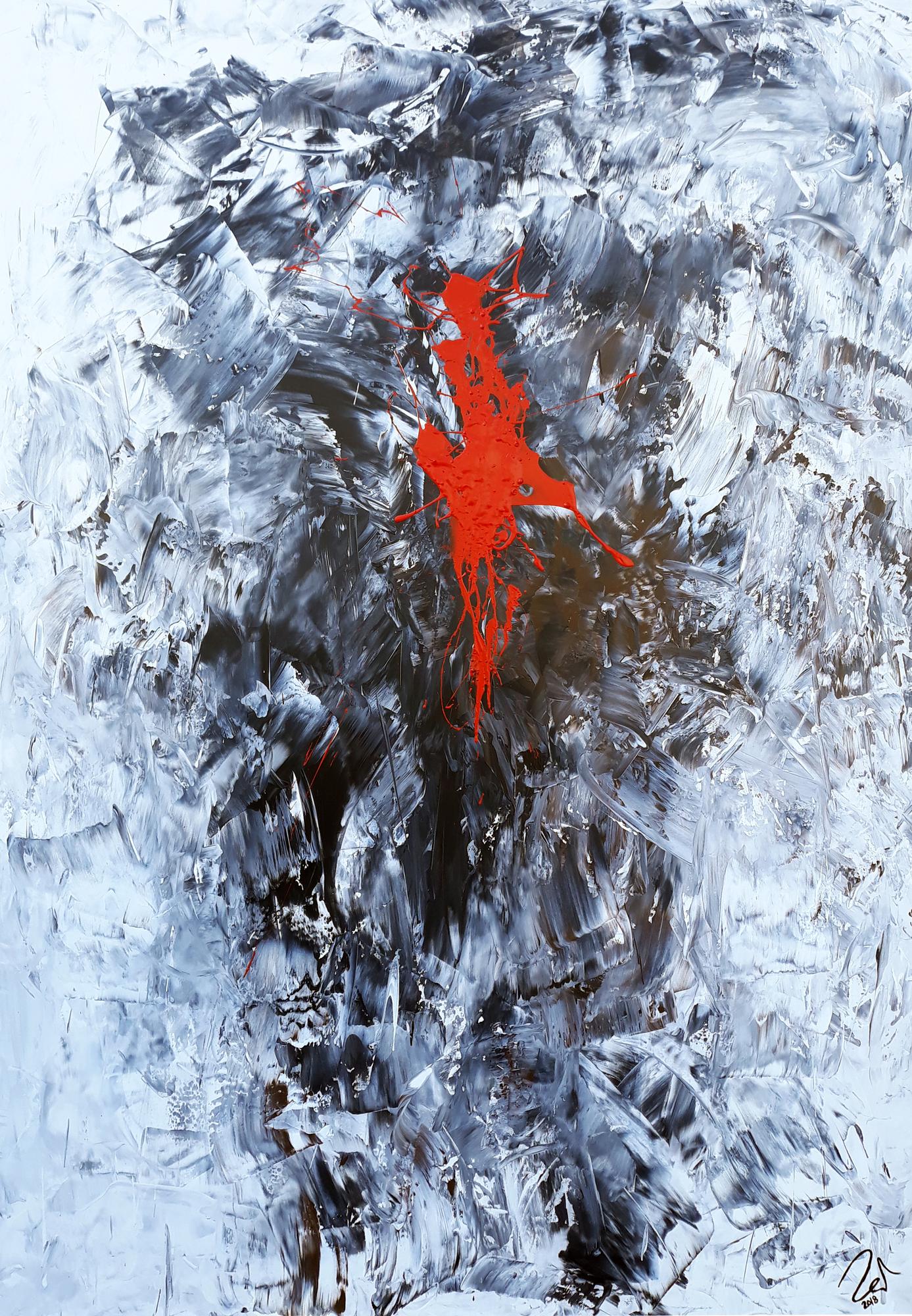 Abstraktes Acrylgemälde sehr modern im Hochformat Action Painting Splash Art und Spachteltechnik