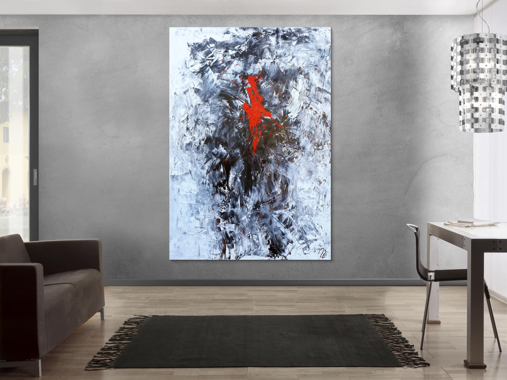 Abstraktes Acrylgemälde sehr modern im Hochformat Action Painting Splash Art und Spachteltechnik