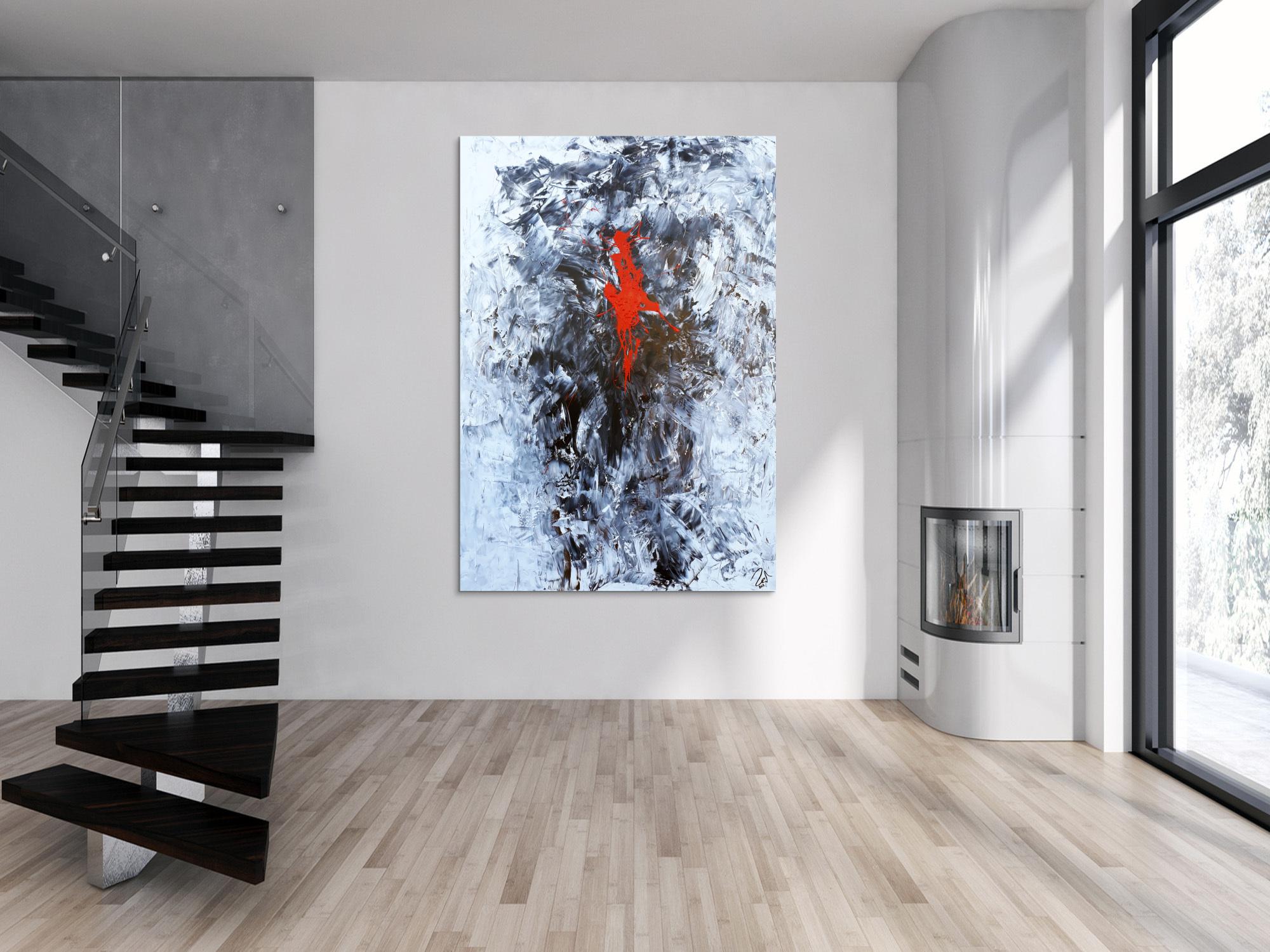 Abstraktes Acrylgemälde sehr modern im Hochformat Action Painting Splash Art und Spachteltechnik