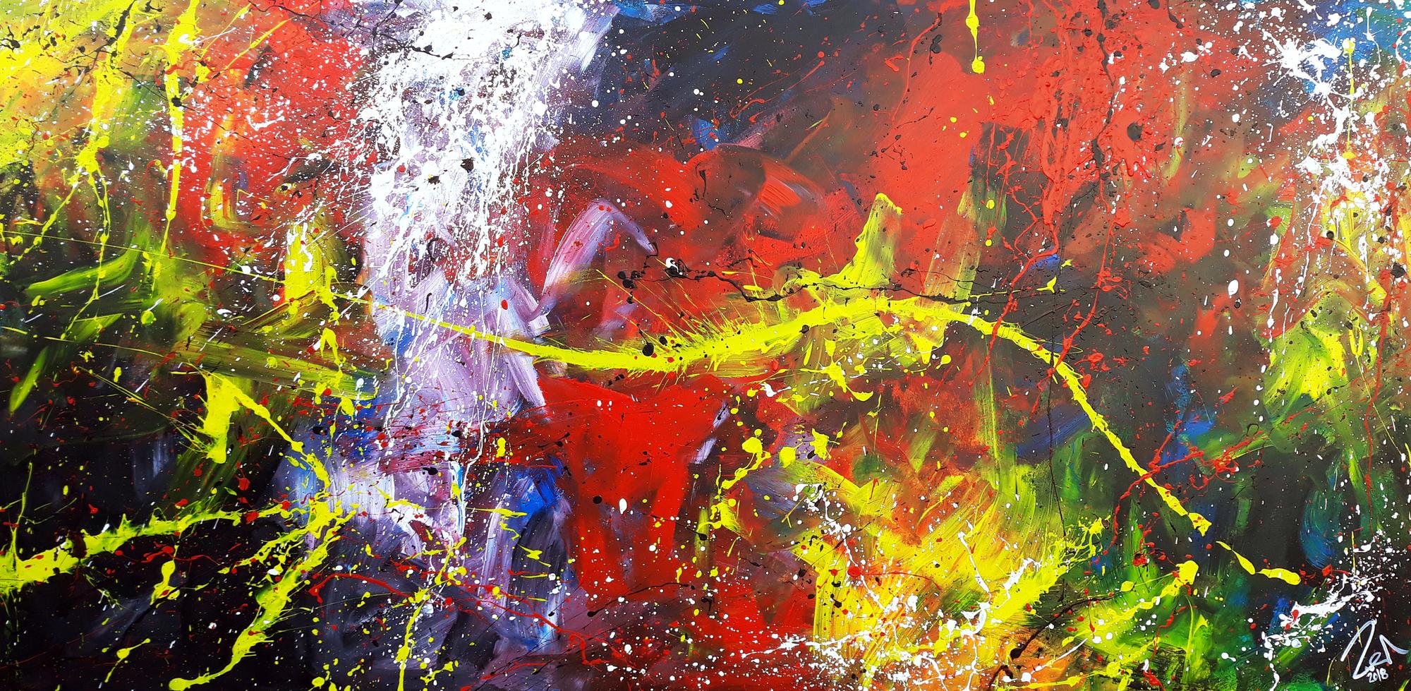 Abstraktes Acrylbild Action Painting sehr modern bunt viele Farben rot schwarz geld blau weiß