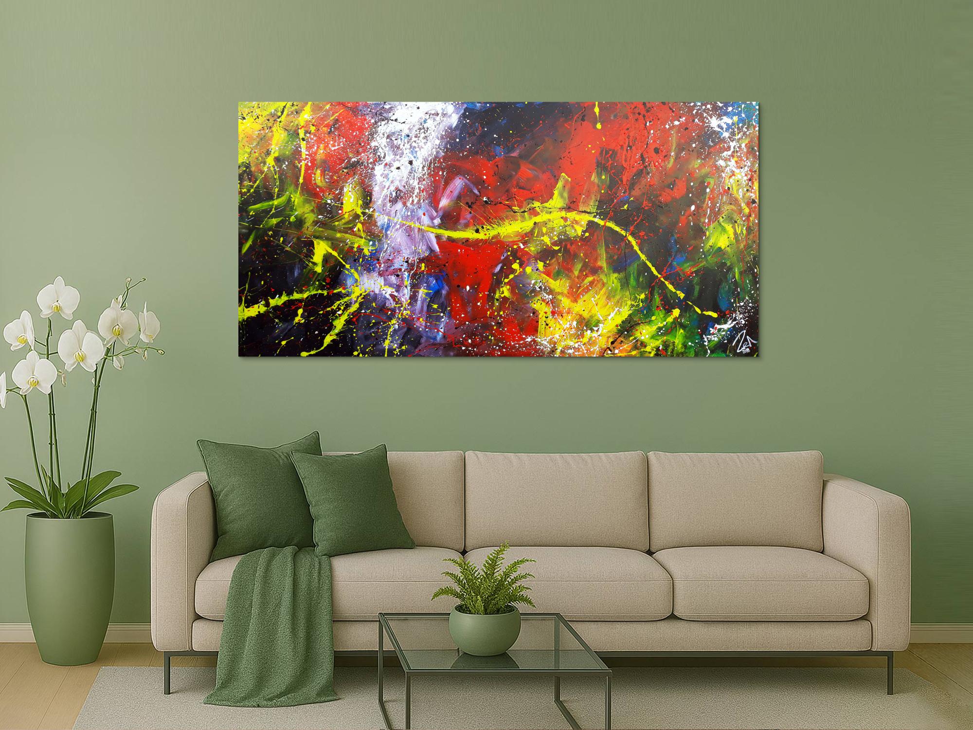 Abstraktes Acrylbild Action Painting sehr modern bunt viele Farben rot schwarz geld blau weiß