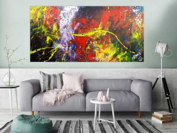 Abstraktes Acrylbild Action Painting sehr modern bunt viele Farben rot schwarz geld blau weiß