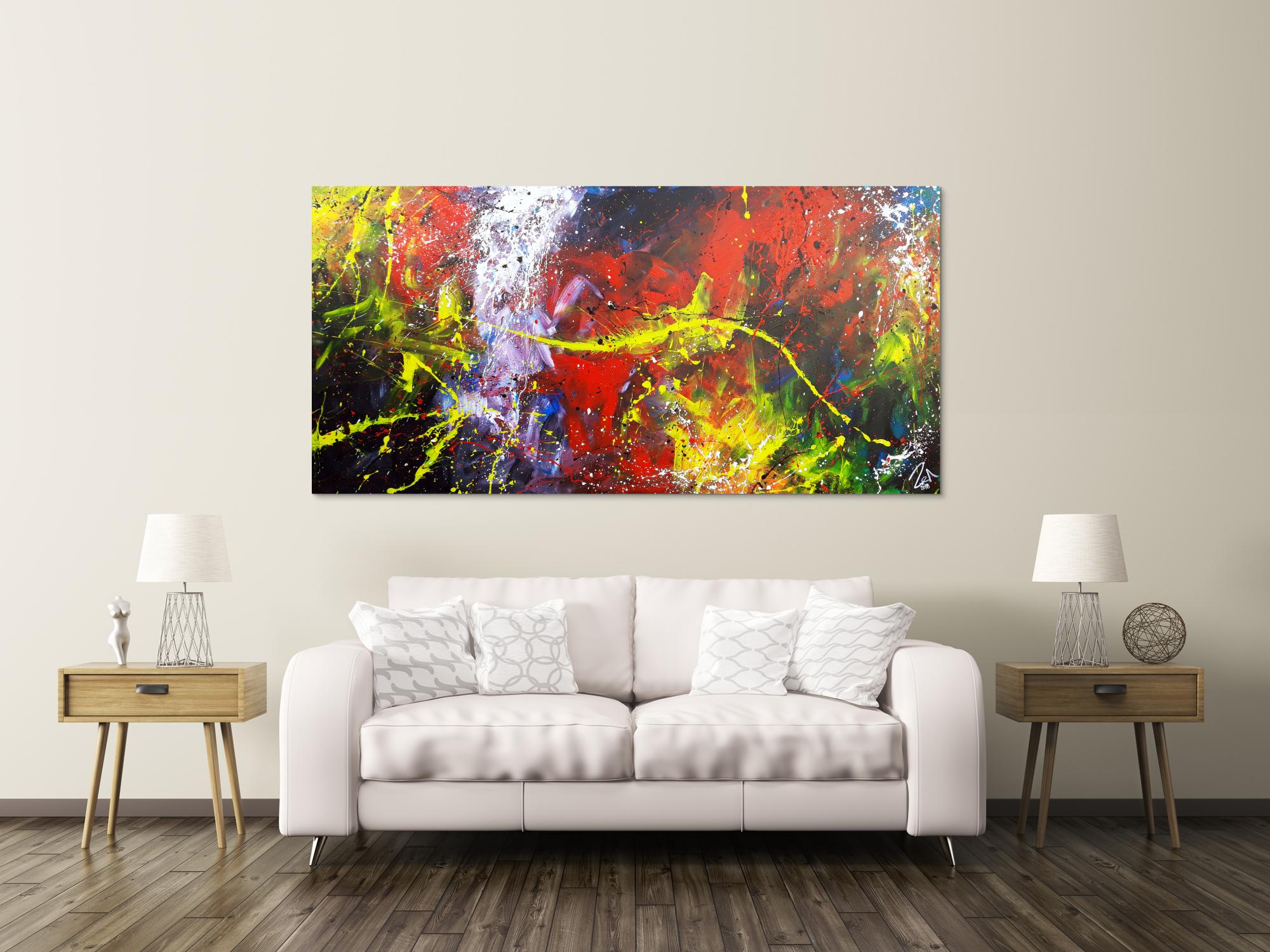 Abstraktes Acrylbild Action Painting sehr modern bunt viele Farben rot schwarz geld blau weiß