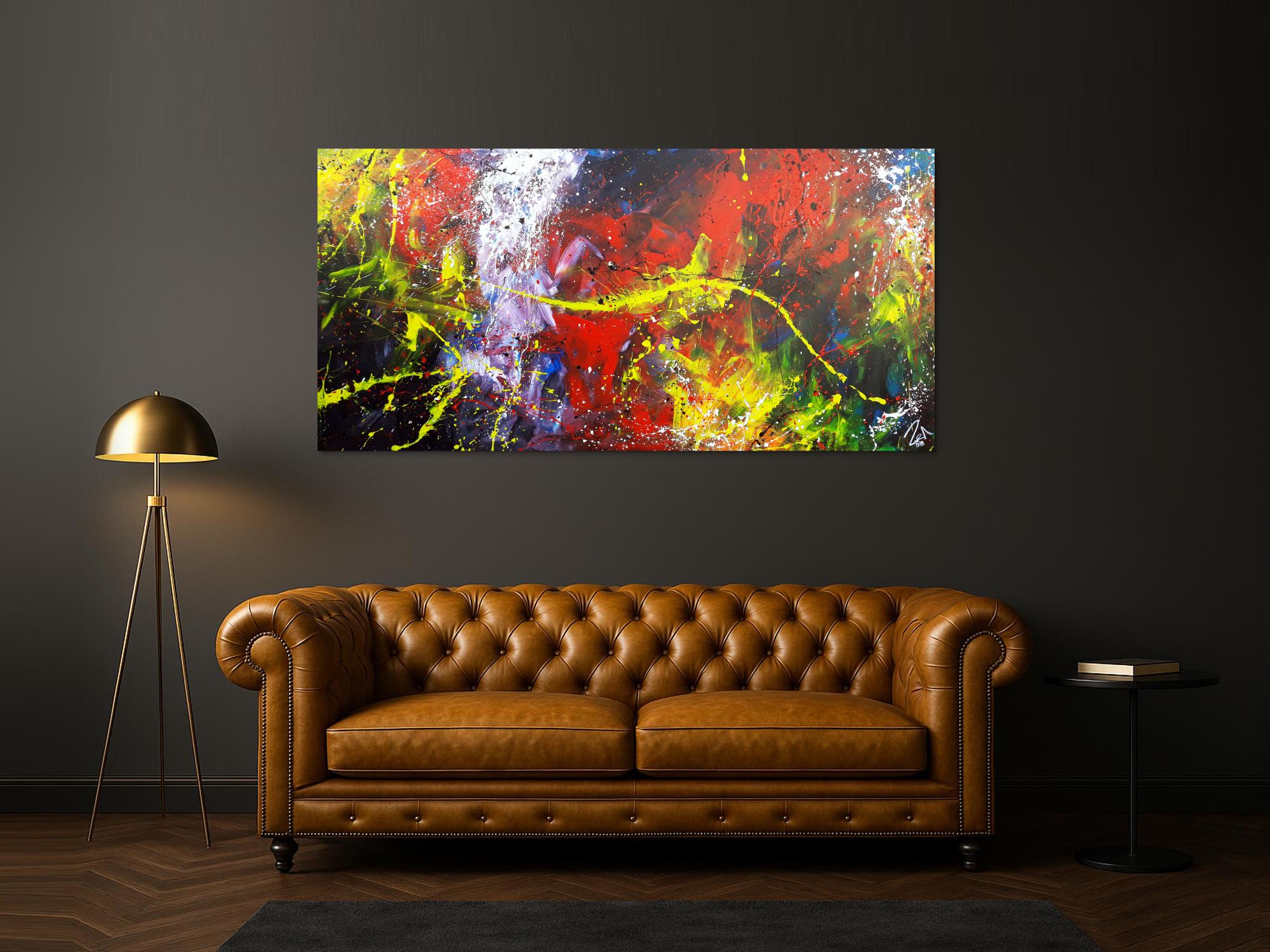 Abstraktes Acrylbild Action Painting sehr modern bunt viele Farben rot schwarz geld blau weiß