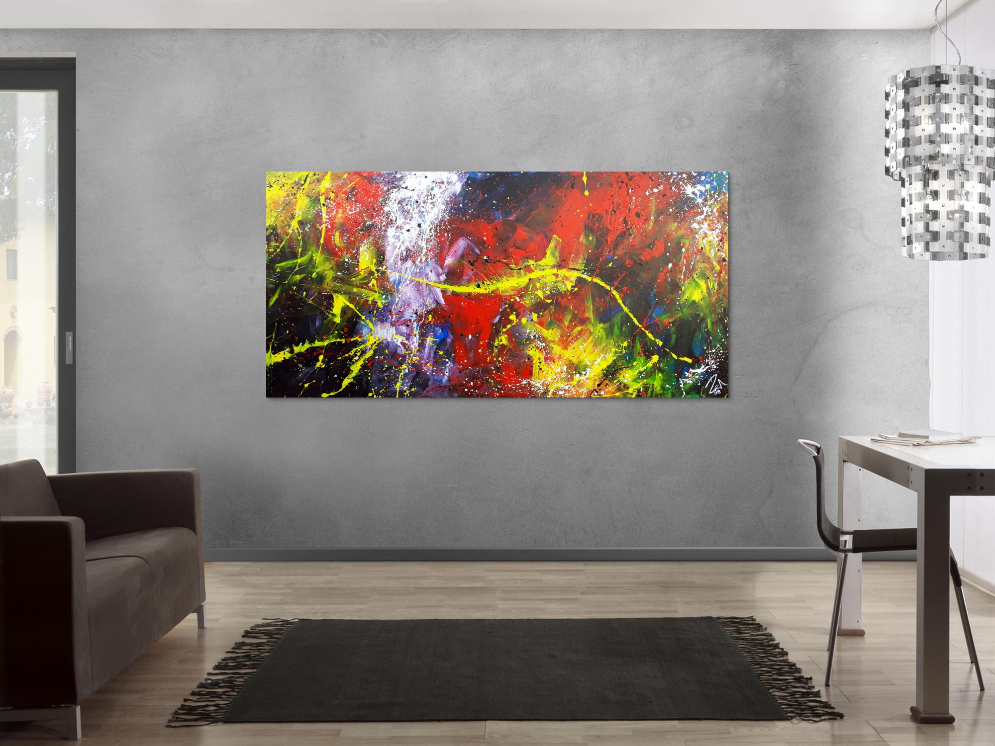 Abstraktes Acrylbild Action Painting sehr modern bunt viele Farben rot schwarz geld blau weiß