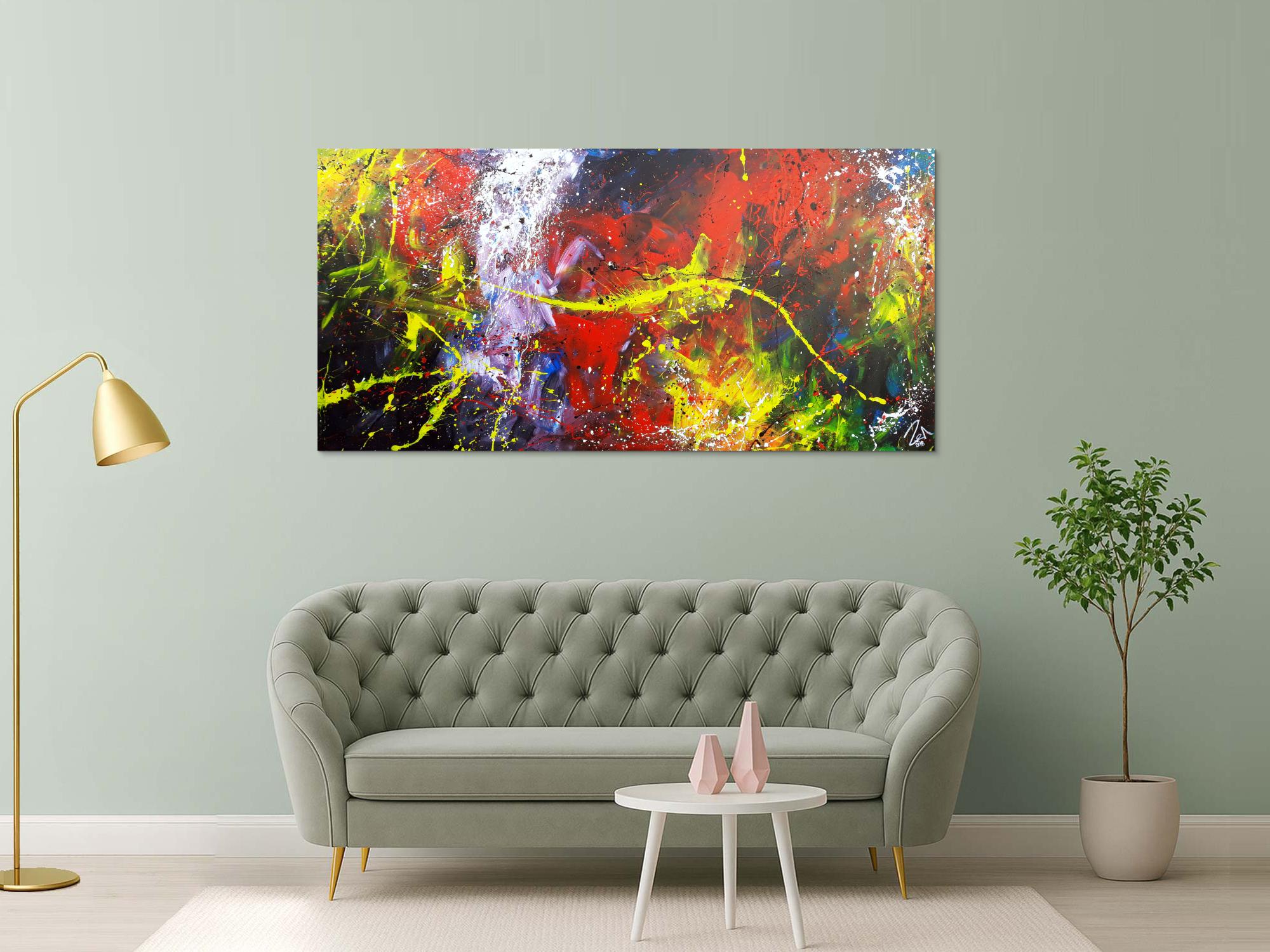 Abstraktes Acrylbild Action Painting sehr modern bunt viele Farben rot schwarz geld blau weiß