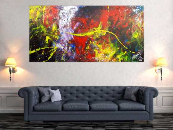 Abstraktes Acrylbild Action Painting sehr modern bunt viele Farben rot schwarz geld blau weiß
