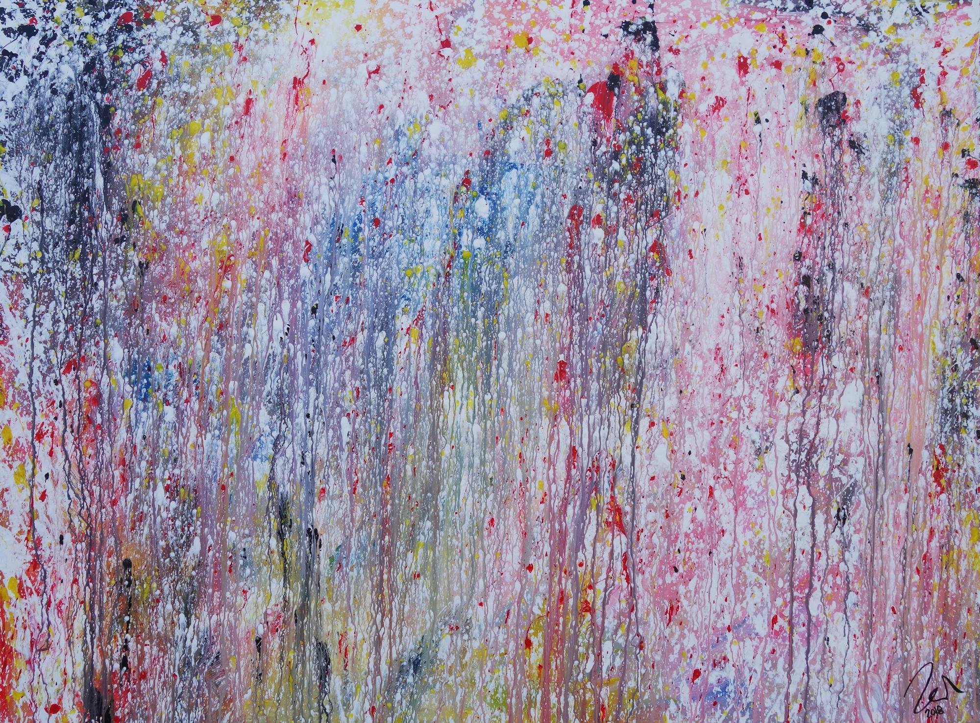 Abstraktes Acrylbild bunt helle Farben sehr modern Action Painting Mischtechnik zeitgenössisch