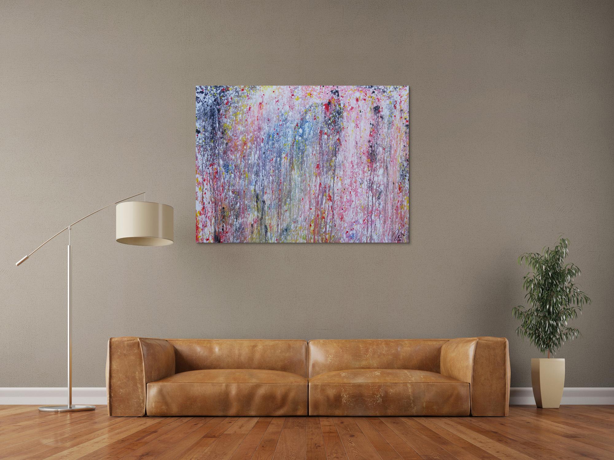 Abstraktes Acrylbild bunt helle Farben sehr modern Action Painting Mischtechnik zeitgenössisch