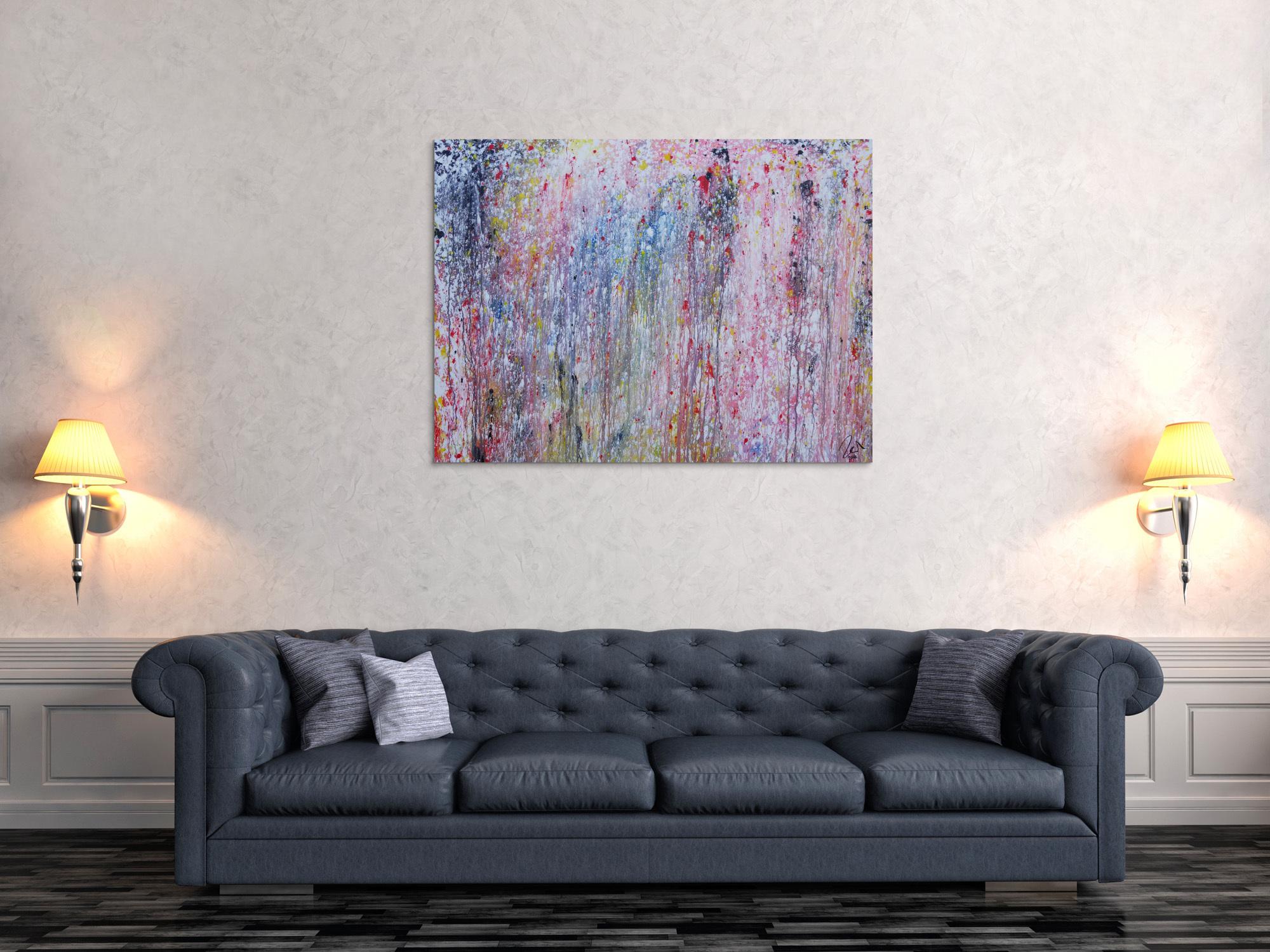 Abstraktes Acrylbild bunt helle Farben sehr modern Action Painting Mischtechnik zeitgenössisch