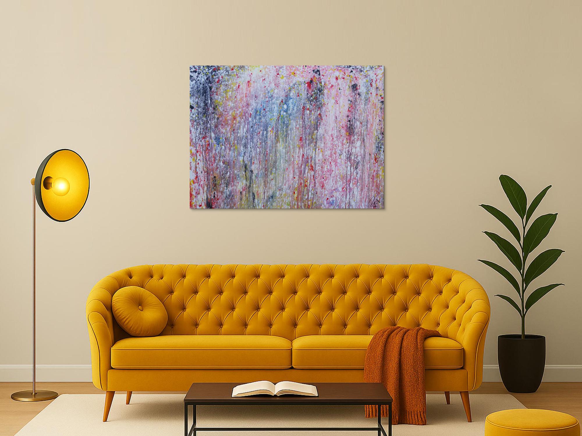 Abstraktes Acrylbild bunt helle Farben sehr modern Action Painting Mischtechnik zeitgenössisch