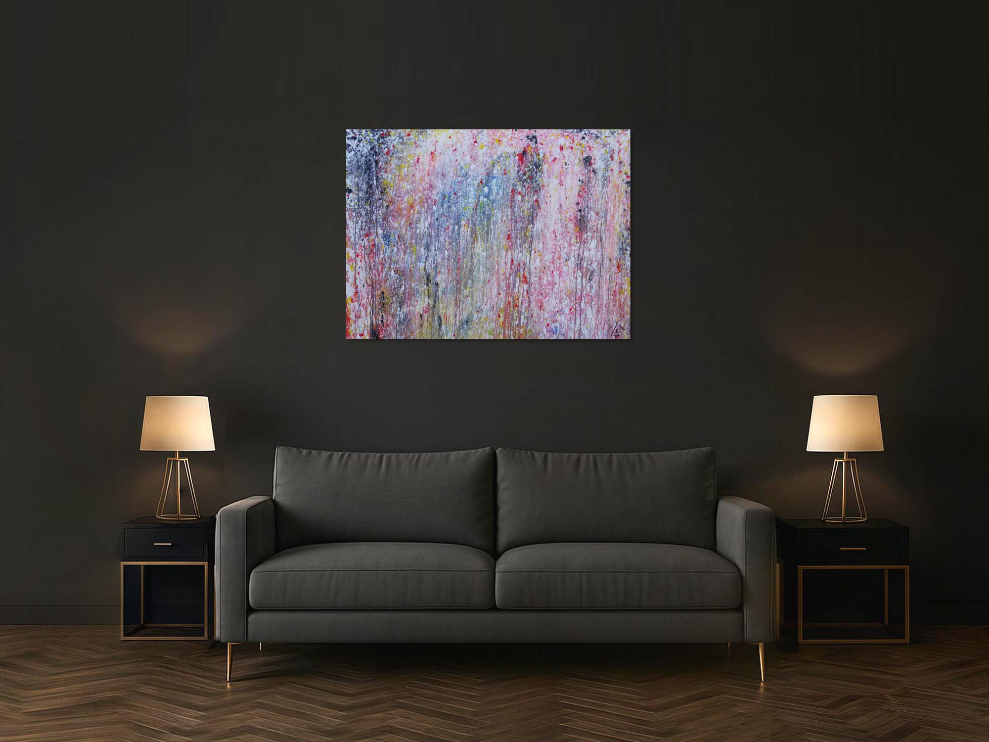 Abstraktes Acrylbild bunt helle Farben sehr modern Action Painting Mischtechnik zeitgenössisch