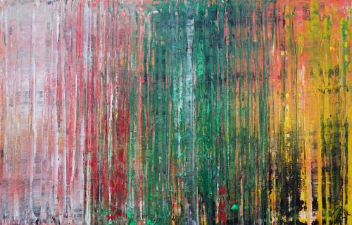 Abstraktes Acrylbild sehr modern in Spachteltechnik rot rosa grün gelb zeitgenössische Kunst