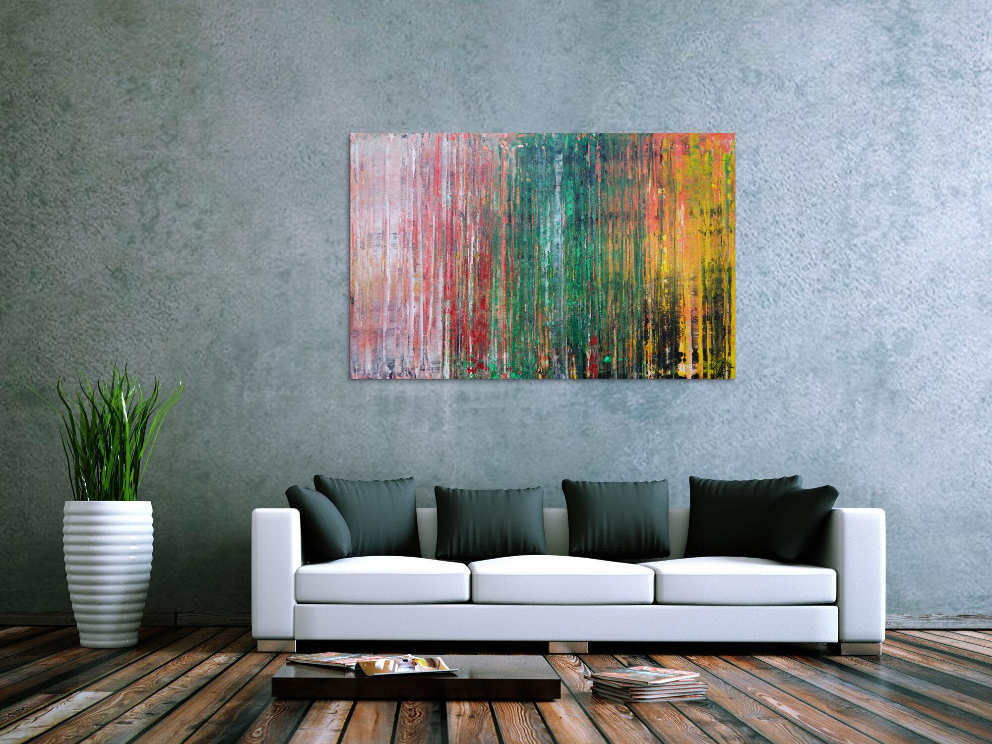 Abstraktes Acrylbild sehr modern in Spachteltechnik rot rosa grün gelb zeitgenössische Kunst