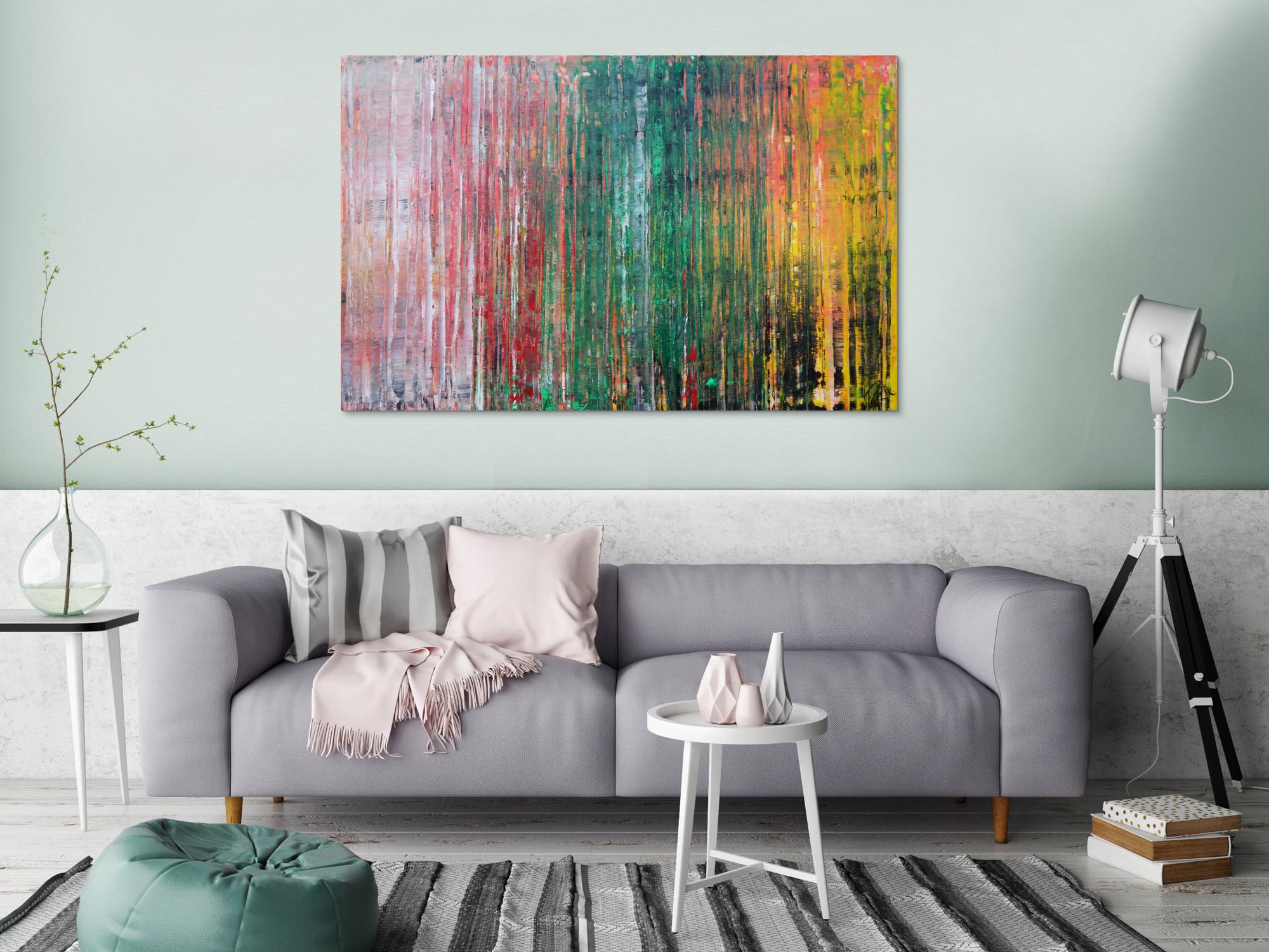 Abstraktes Acrylbild sehr modern in Spachteltechnik rot rosa grün gelb zeitgenössische Kunst