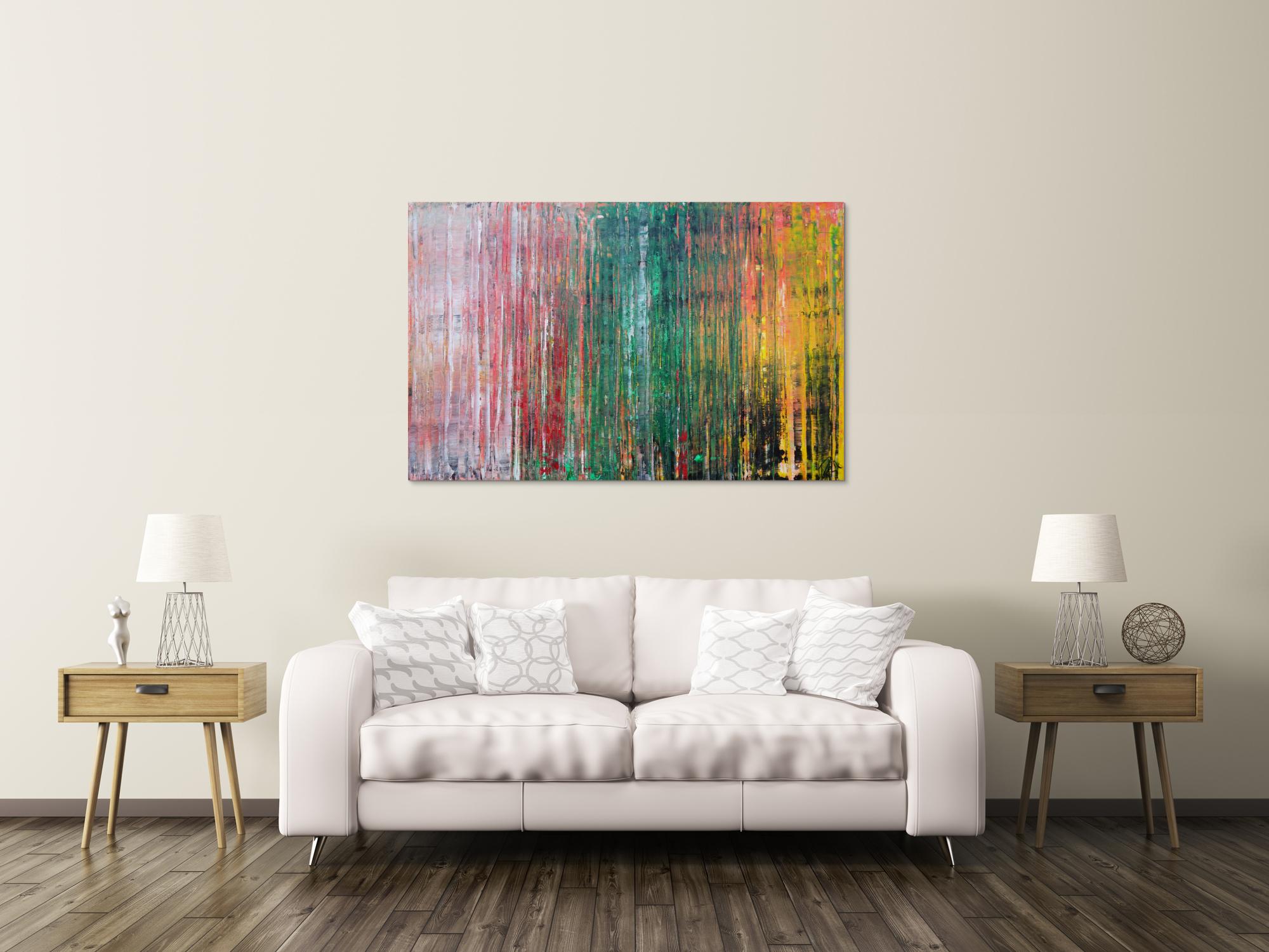 Abstraktes Acrylbild sehr modern in Spachteltechnik rot rosa grün gelb zeitgenössische Kunst