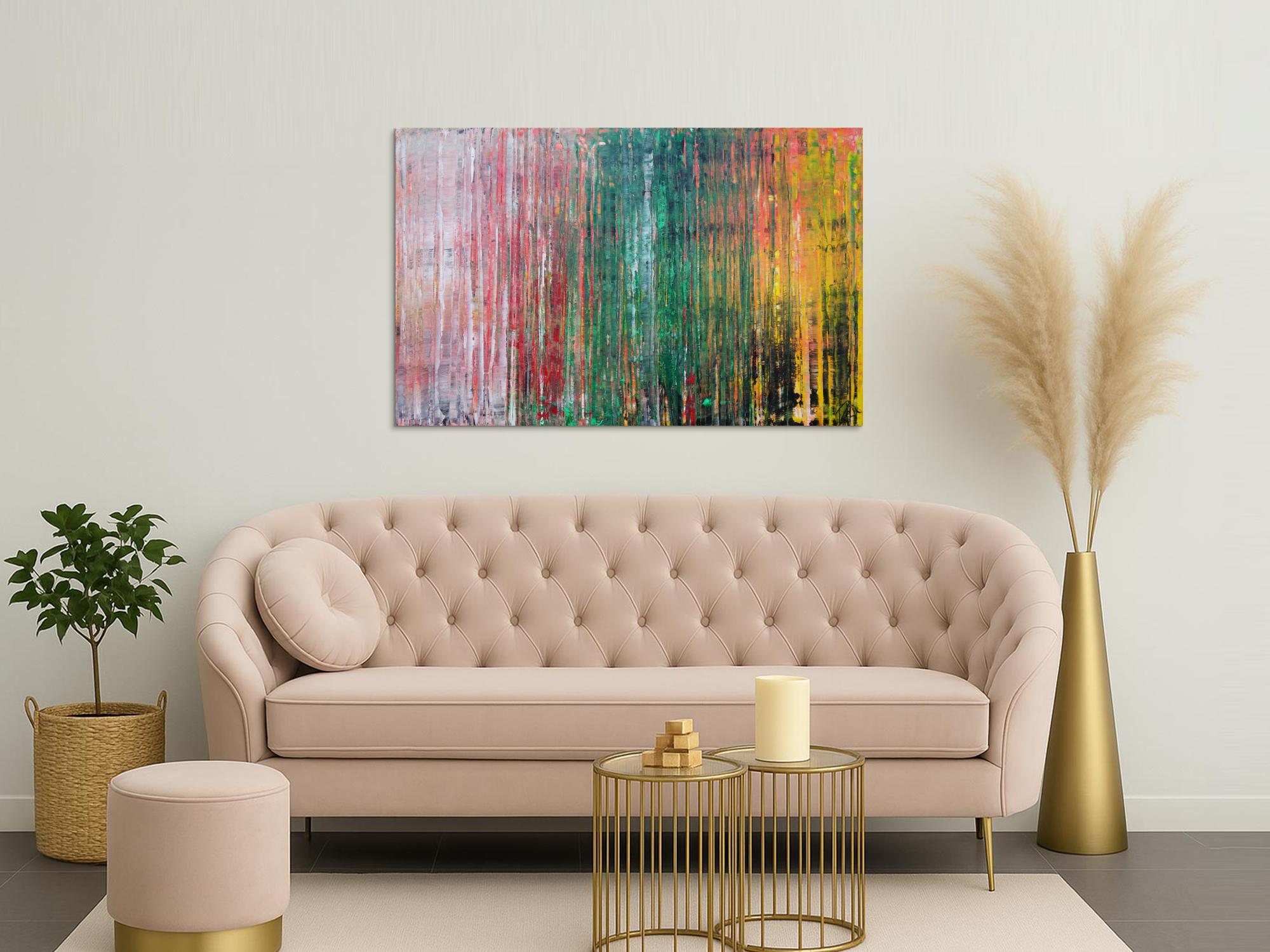 Abstraktes Acrylbild sehr modern in Spachteltechnik rot rosa grün gelb zeitgenössische Kunst