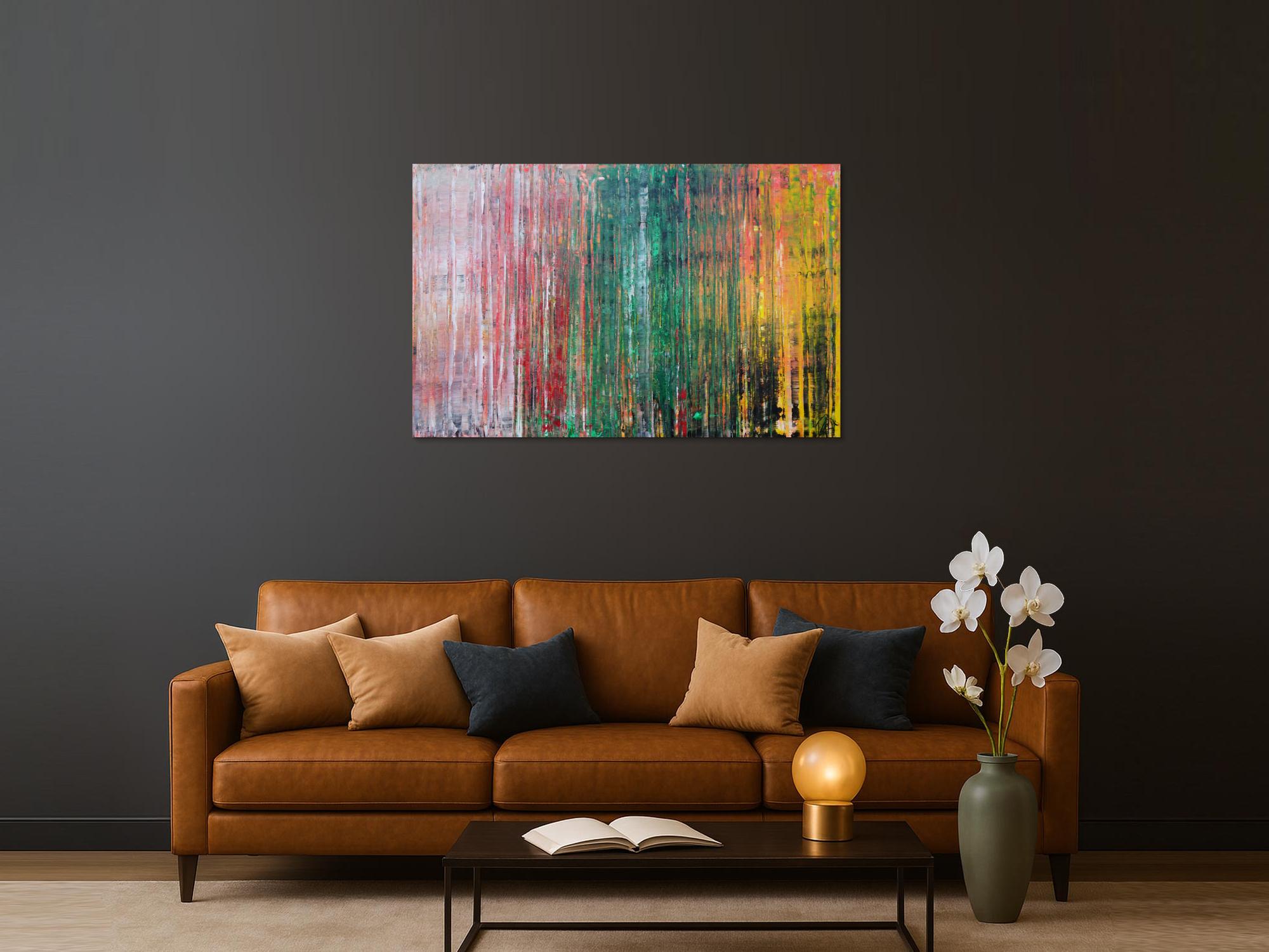 Abstraktes Acrylbild sehr modern in Spachteltechnik rot rosa grün gelb zeitgenössische Kunst