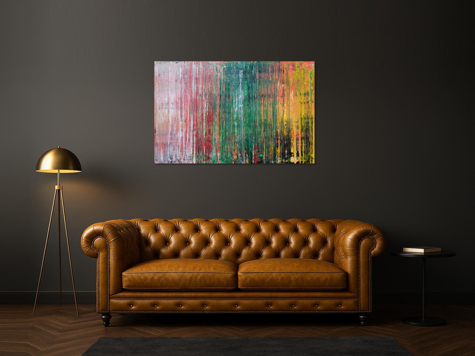 Abstraktes Acrylbild sehr modern in Spachteltechnik rot rosa grün gelb zeitgenössische Kunst