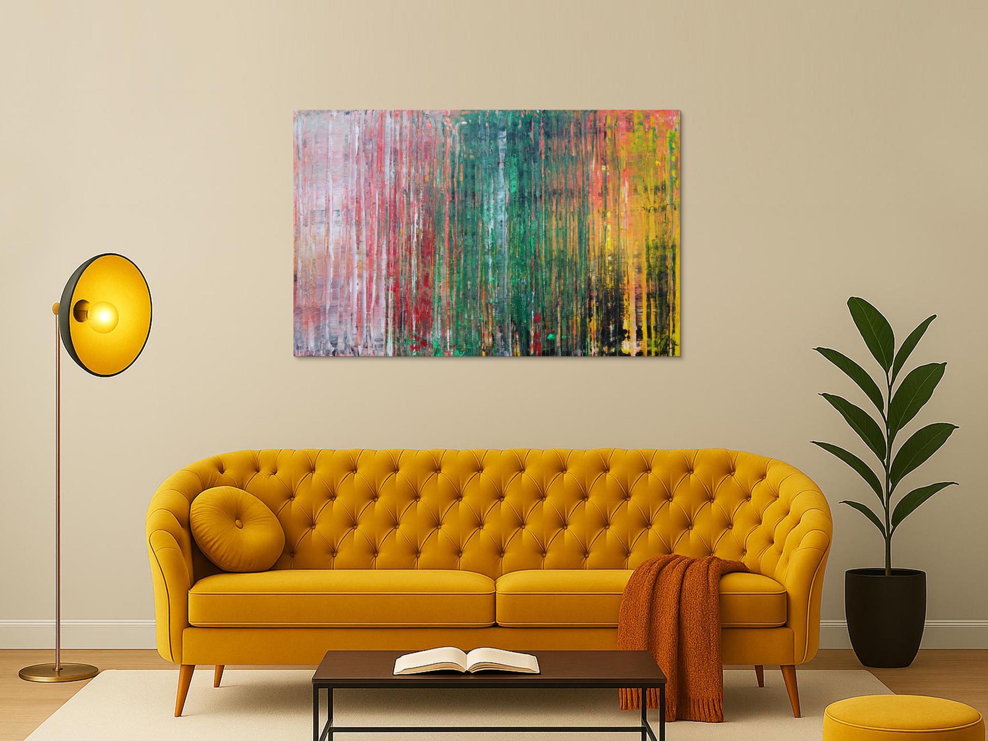 Abstraktes Acrylbild sehr modern in Spachteltechnik rot rosa grün gelb zeitgenössische Kunst