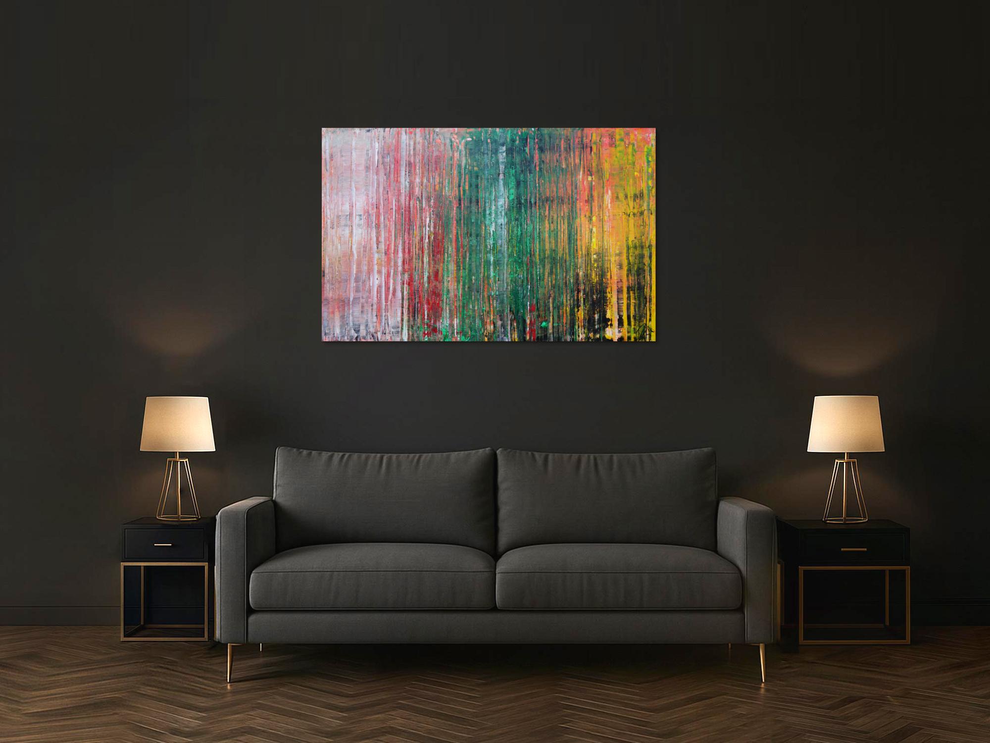 Abstraktes Acrylbild sehr modern in Spachteltechnik rot rosa grün gelb zeitgenössische Kunst